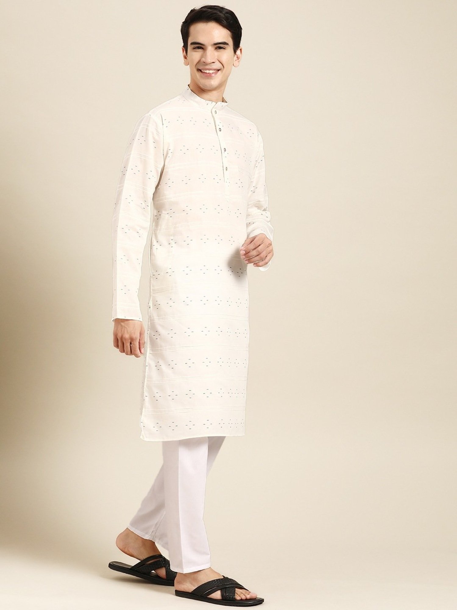 ManQ White Pure Cotton Regular Fit Printed Kurta