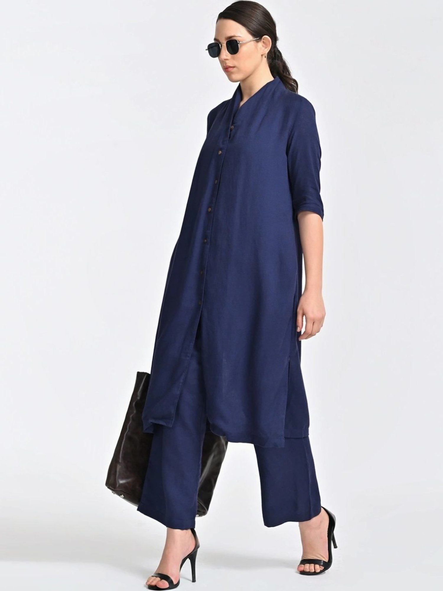 Saltpetre Navy Blue Linen Long Shirt With Trousers Co-ords Set