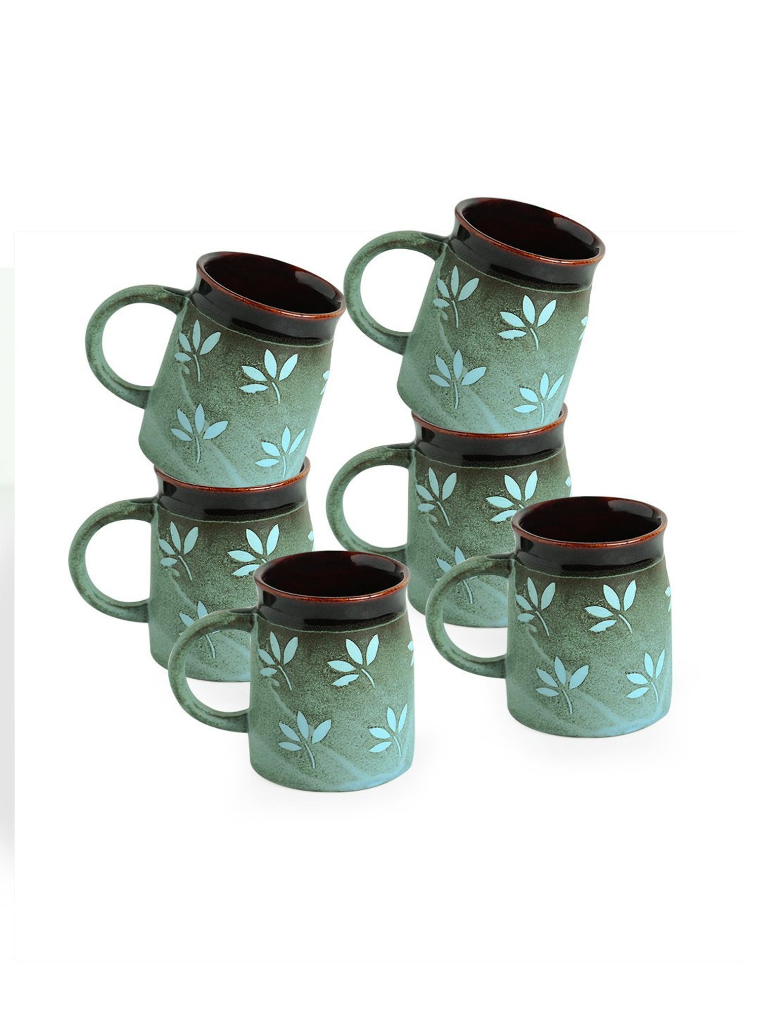 ExclusiveLane Sage Green & Cocoa Brown Ceramic Coffee Mugs - Set of 6 (400ml)