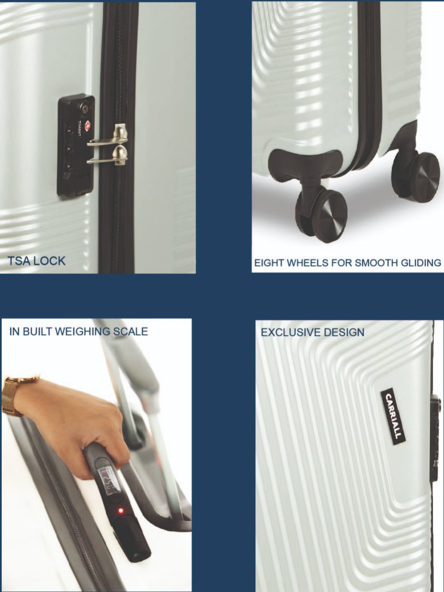 Carriall Silver 8 Wheel Medium Hard Checked Luggage - 44.5 cm