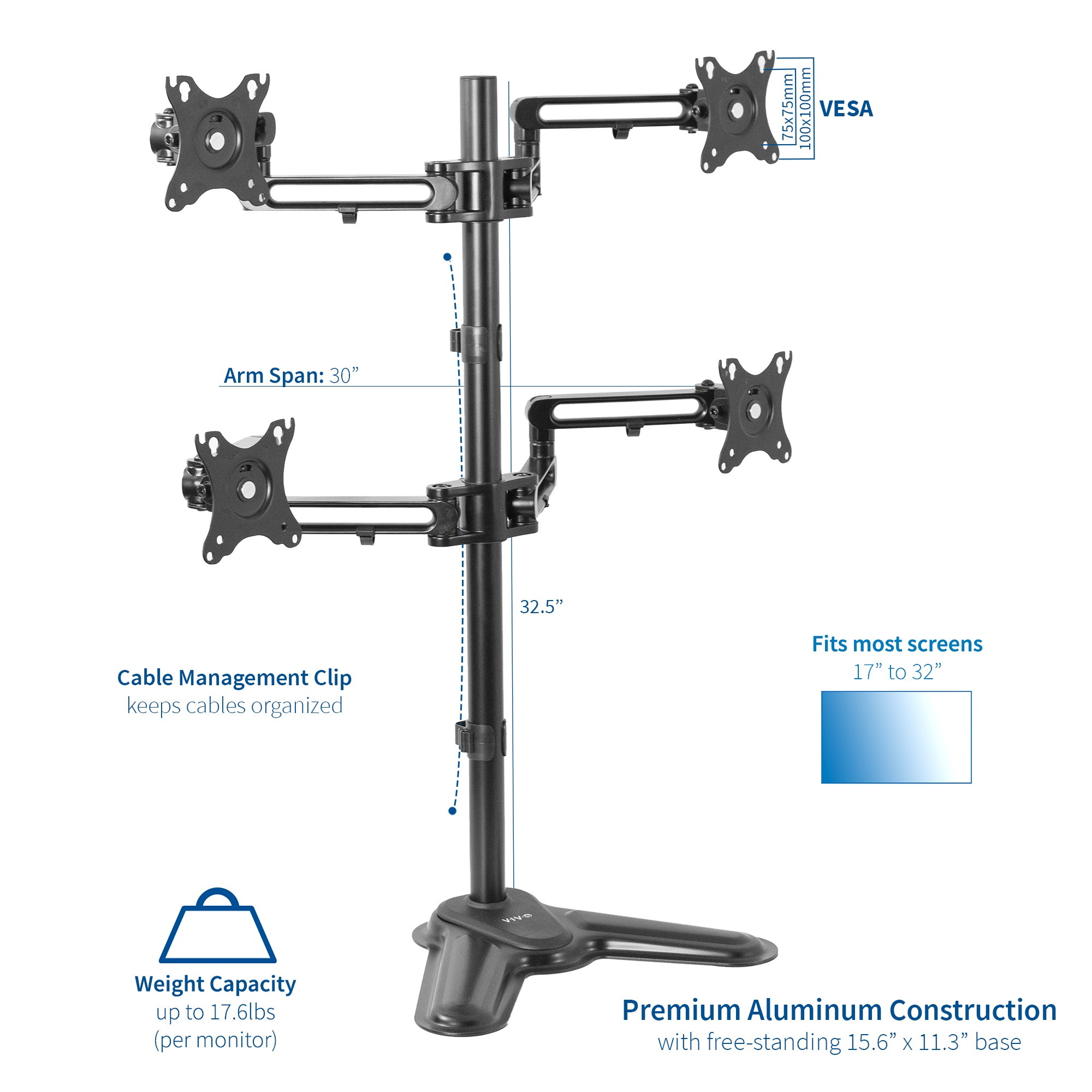 VIVO Aluminum Freestanding Quad LCD Monitor Mount Fully Adjustable Desk Stand for 4 Screens 17" to 32" (STAND-V104Z)