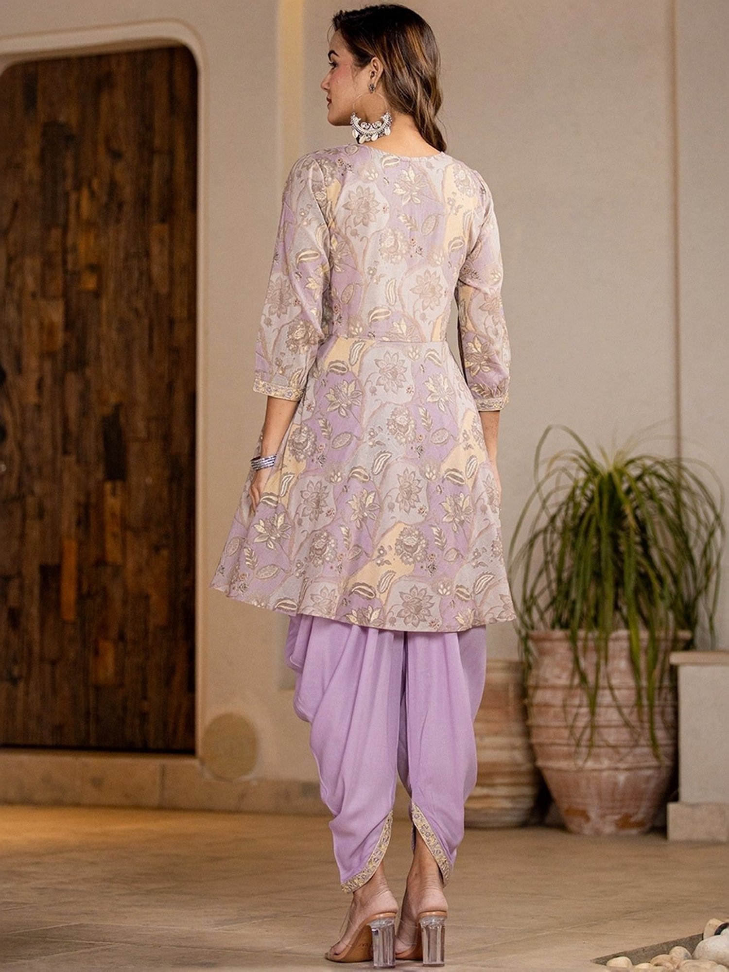 Yufta Purple Cotton Printed Kurti Dhoti Pant Set With Dupatta