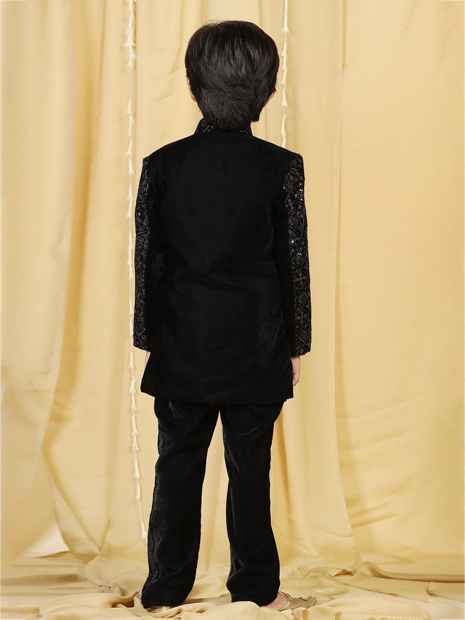 AJ Dezines Kids Black Embellished Full Sleeves Sherwani with Pants