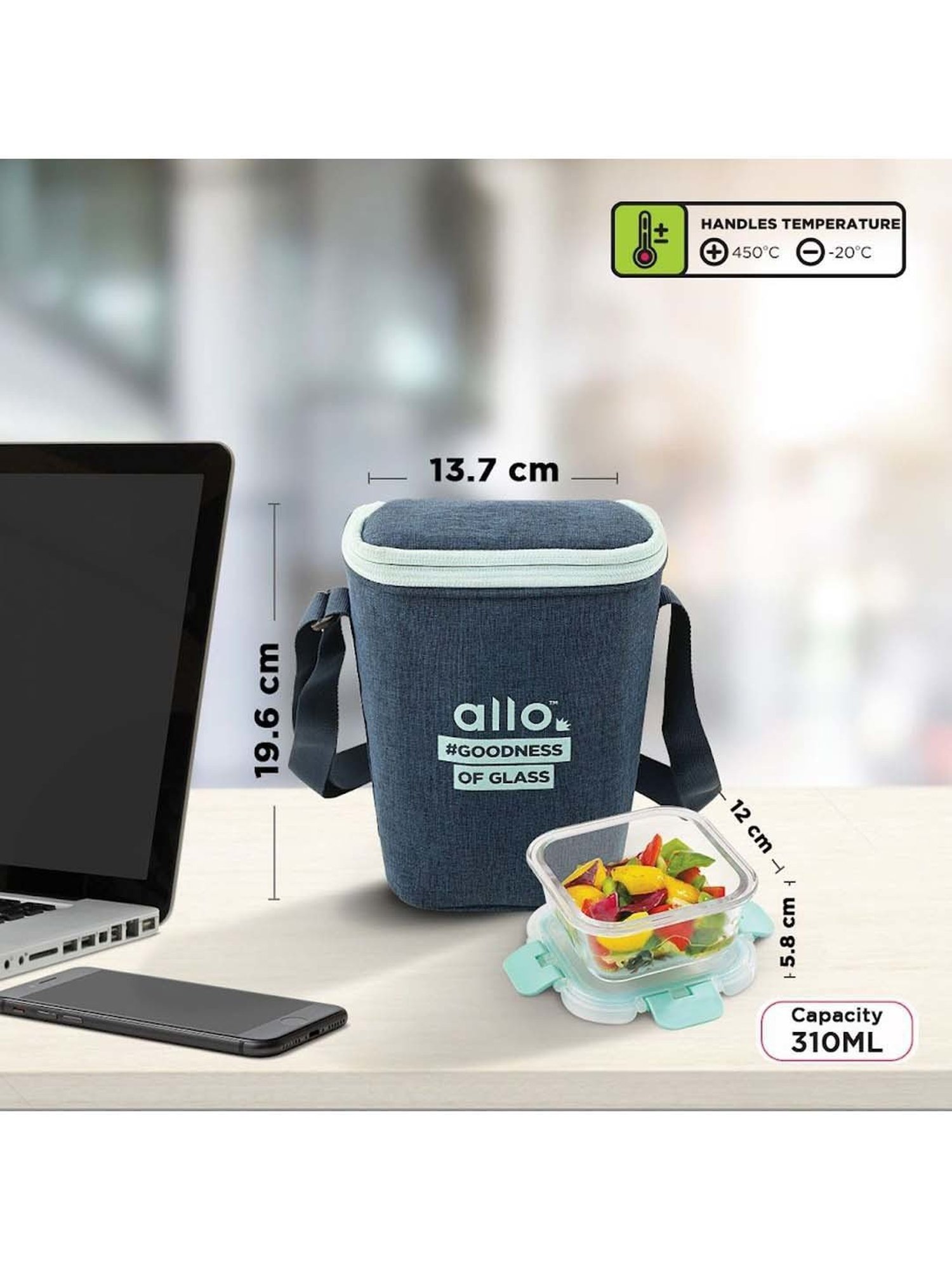 Allo Borosilicate Glass Lunch Box Microwave Oven Safe With Detachable Lock and Denim Blue Tiffin Bag