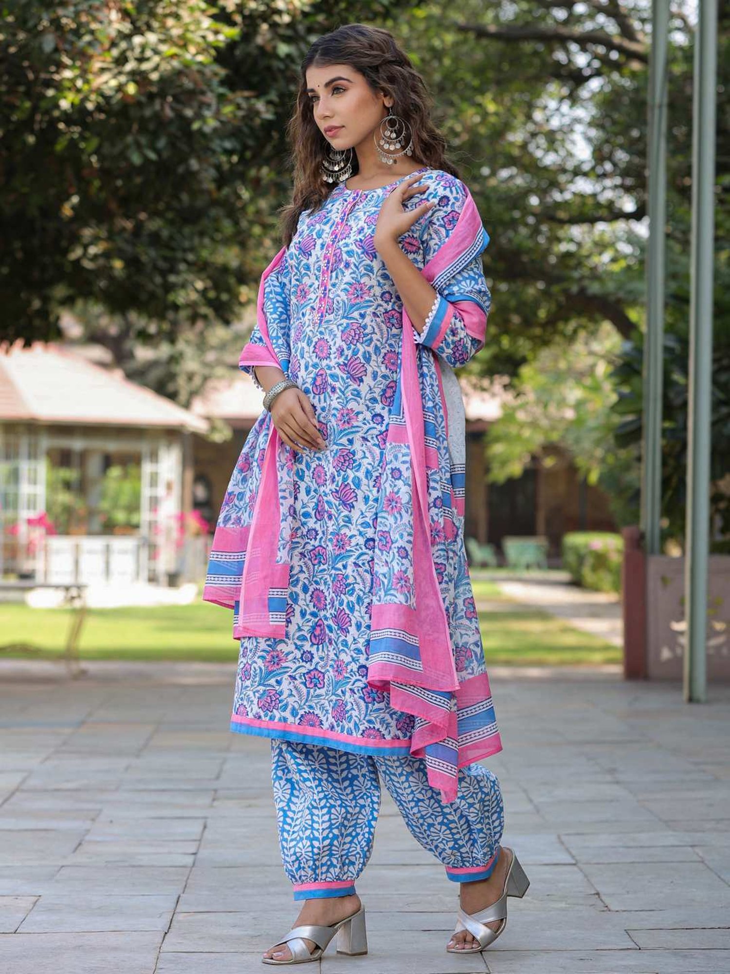 Rain and Rainbow Blue Cotton Embroidered Kurta & Salwar Set With Dupatta