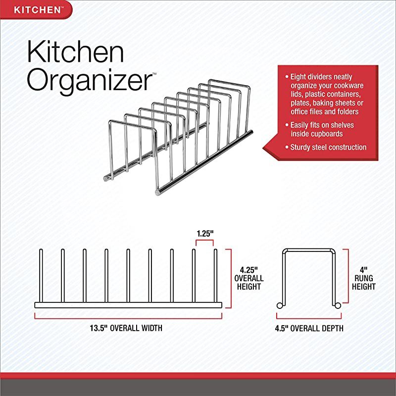 Euro Kitchen Lid Organizer for Plates, Cutting Boards, Bakeware, Cooling Racks, Pots & Pans, Serving Trays, and Reusable Containers, Gold
