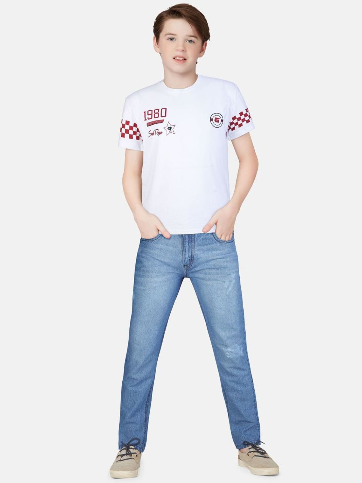 Gini & Jony Boys White & Red Printed T-Shirt