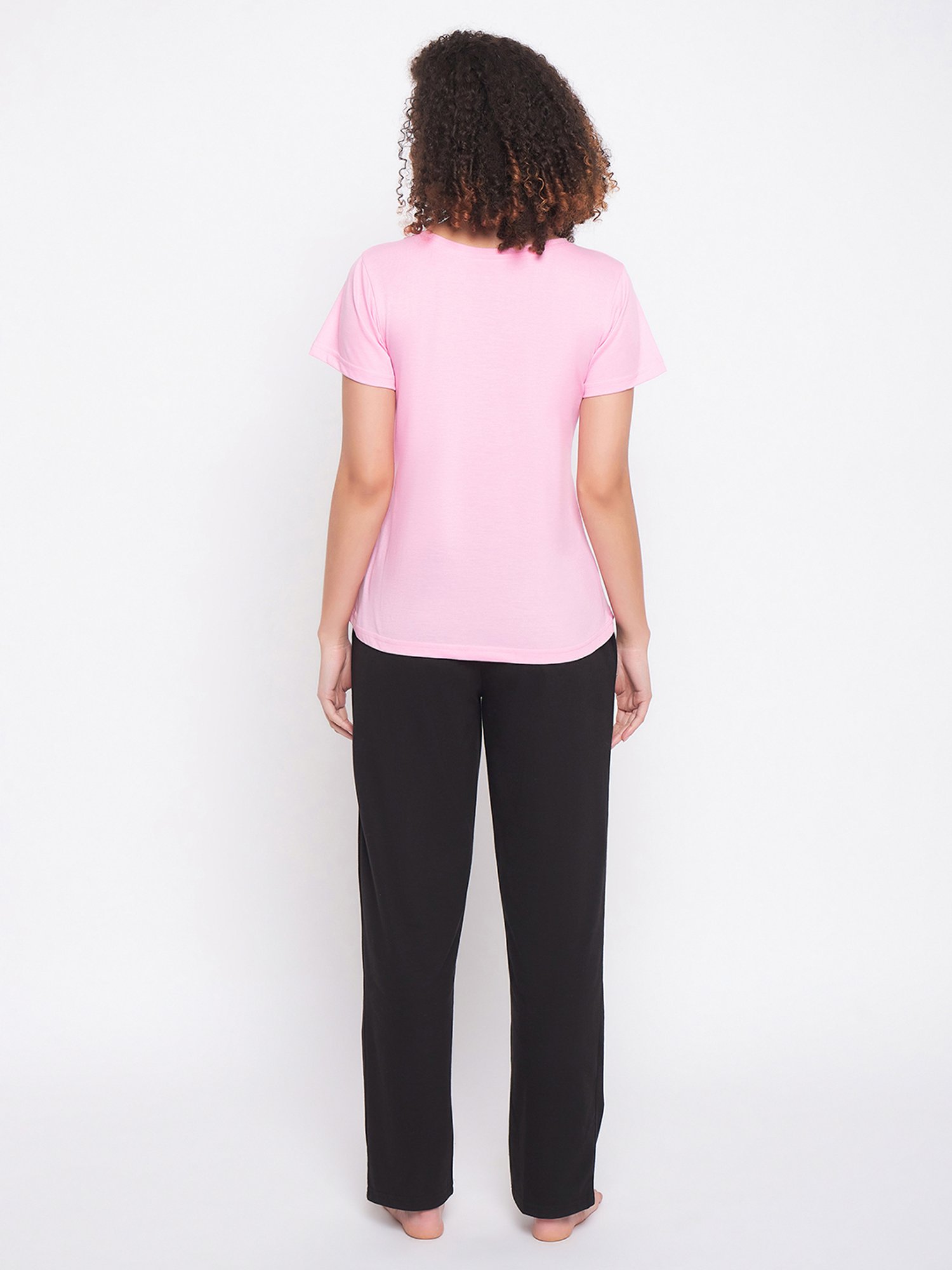 Clovia Pink & Black Cotton Printed T-Shirt With Pyjamas