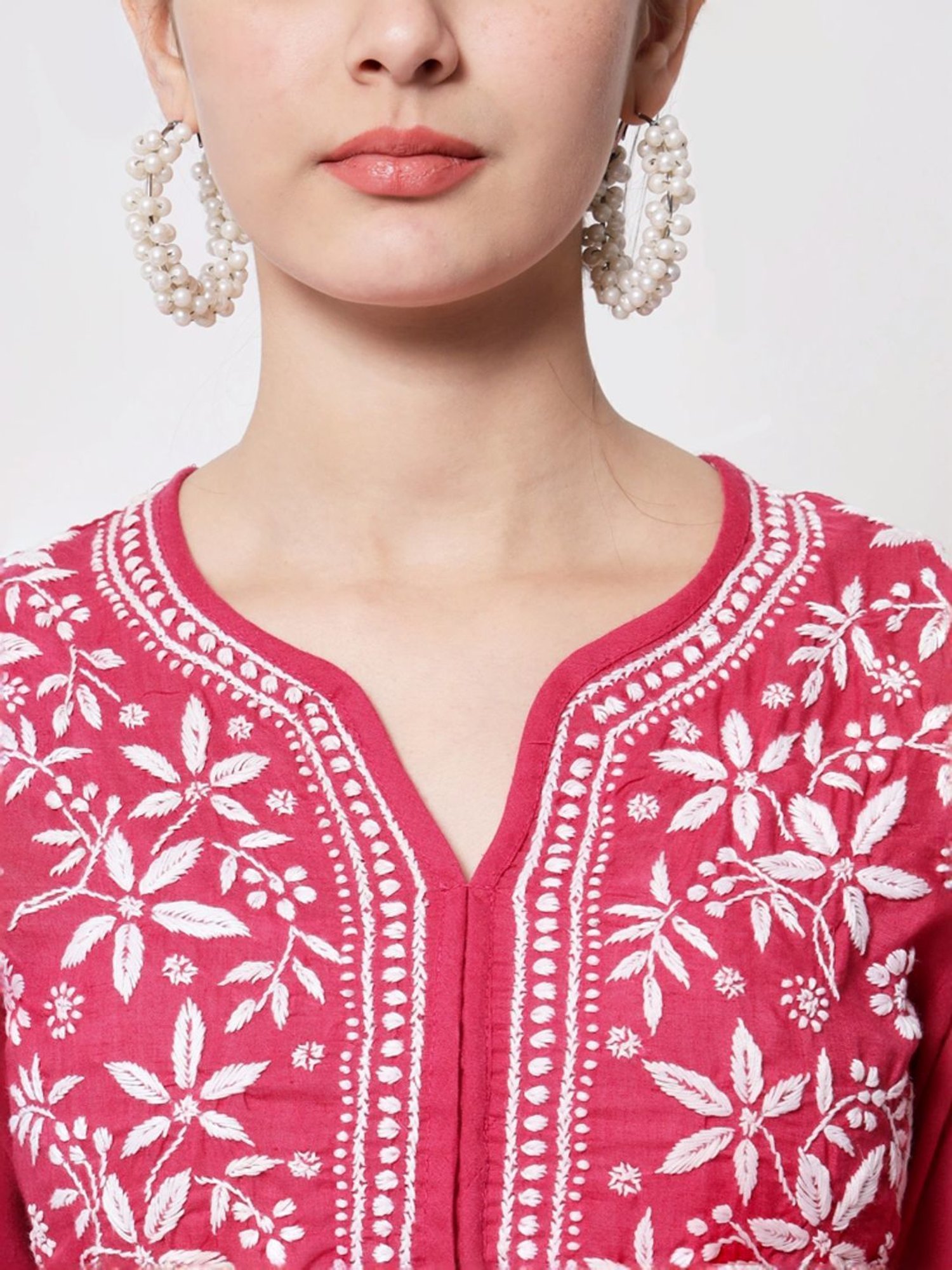 PARAMOUNT CHIKAN Magenta Pink Cotton Hand Embroidered Chikankari Straight Kurta