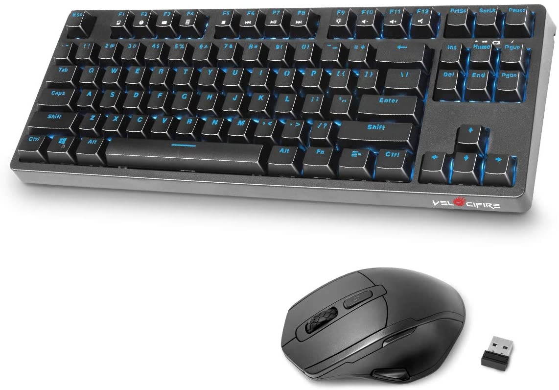 Keyboard and Mouse Combo Wireless, Velocifire KM01 87 Key Wireless Mechanical Keyboard Brown Switch, Large Capacity Rechargeable Battery Design, Ice Blue Backlit, and Wireless Mouse Combo