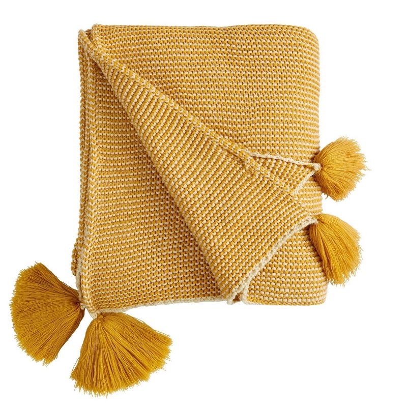 50"x60" Throw Blanket with Pom-Poms Ochre - Patina Vie