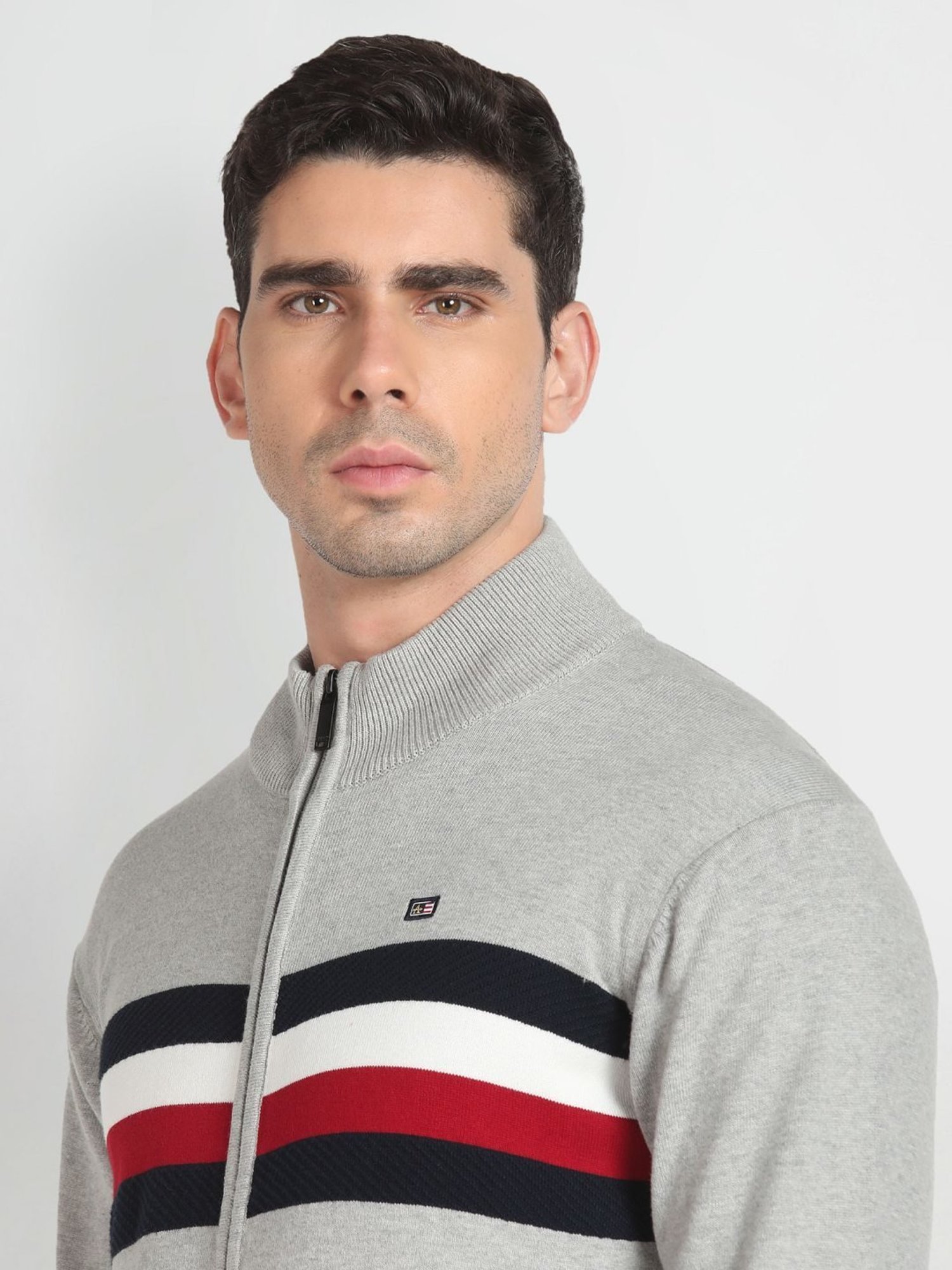 Arrow Sport Grey Cotton Regular Fit Striped Sweater