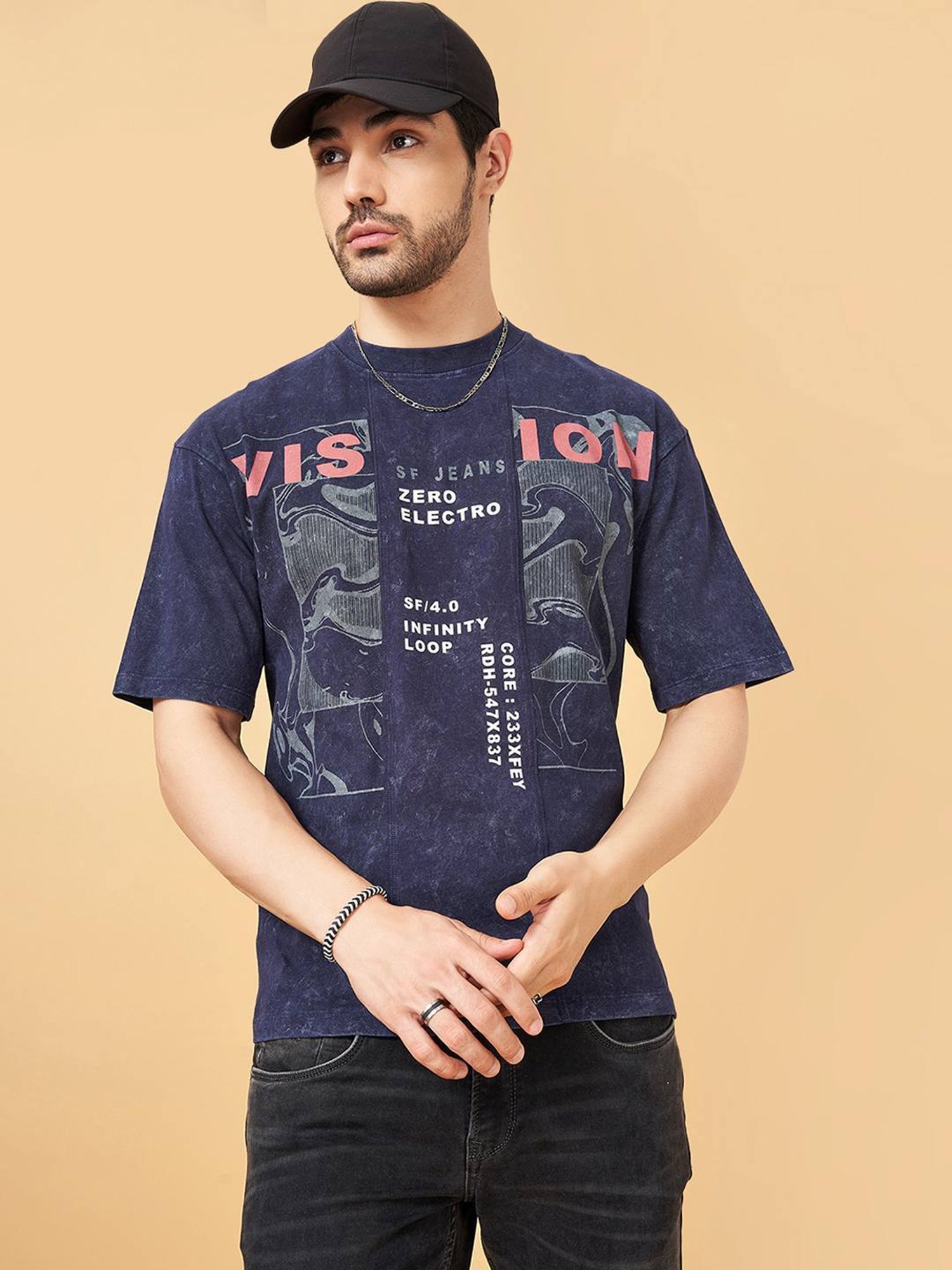 Sf Jeans By Pantaloons Faded Denim Cotton Regular Fit Printed T-Shirt