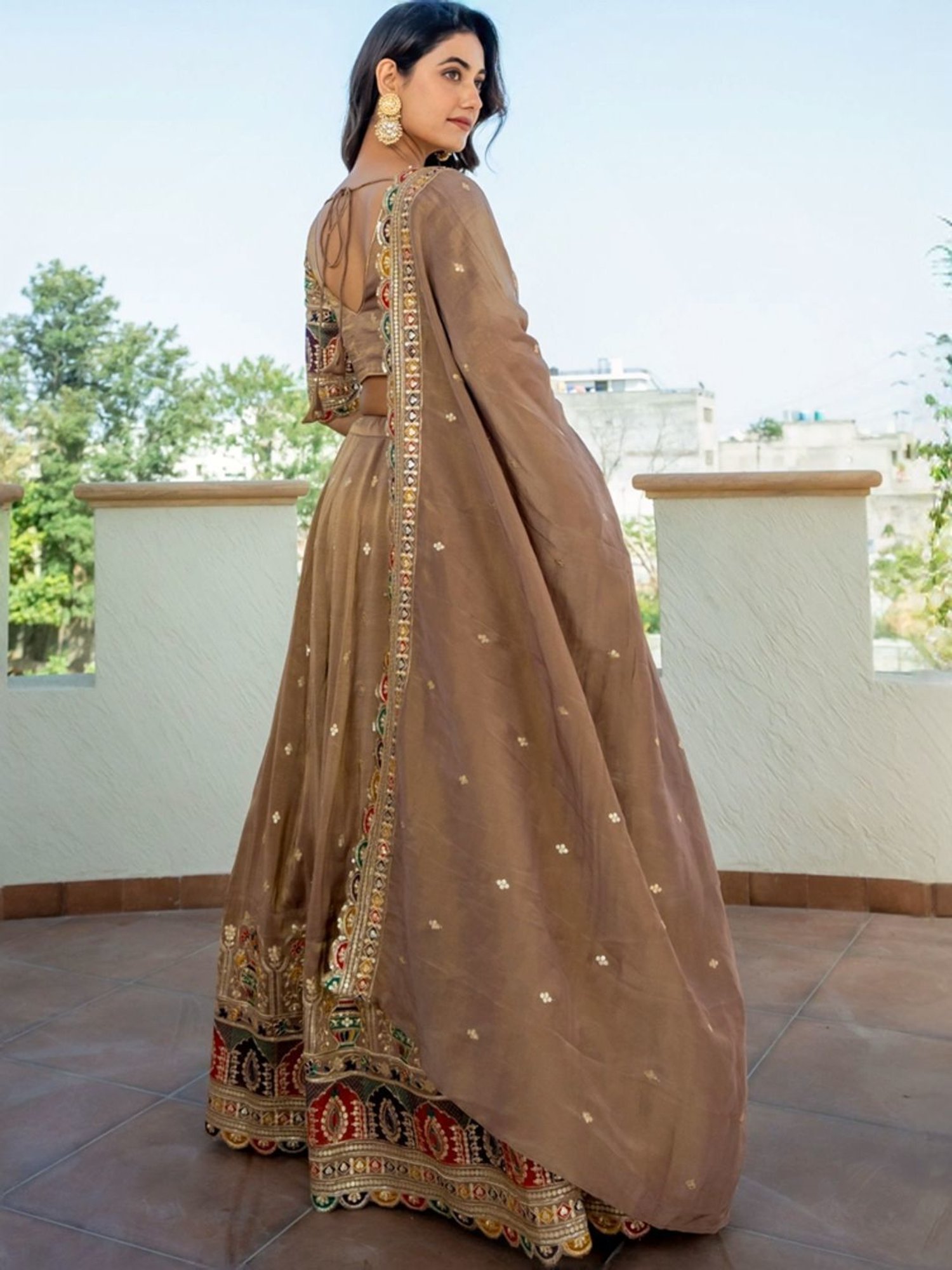 HOUSE OF JAMOTI Brown Embroidered Lehenga Choli Set With Dupatta