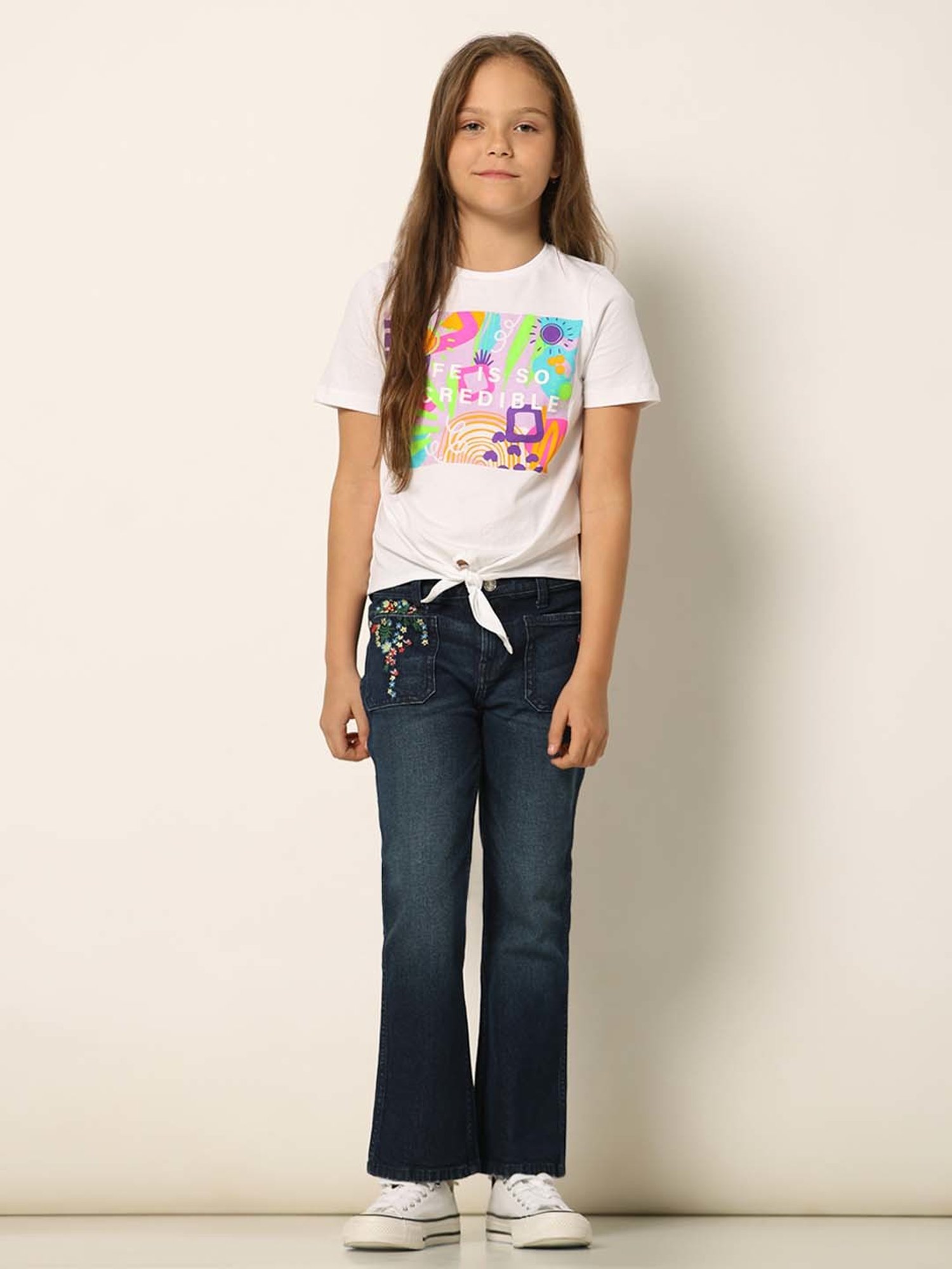 VERO MODA GIRL White Cotton Printed T-Shirt