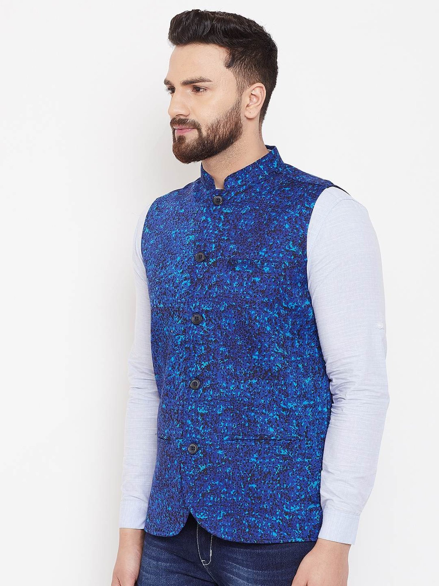 Even Blue Regular Fit Printed Nehru Jacket