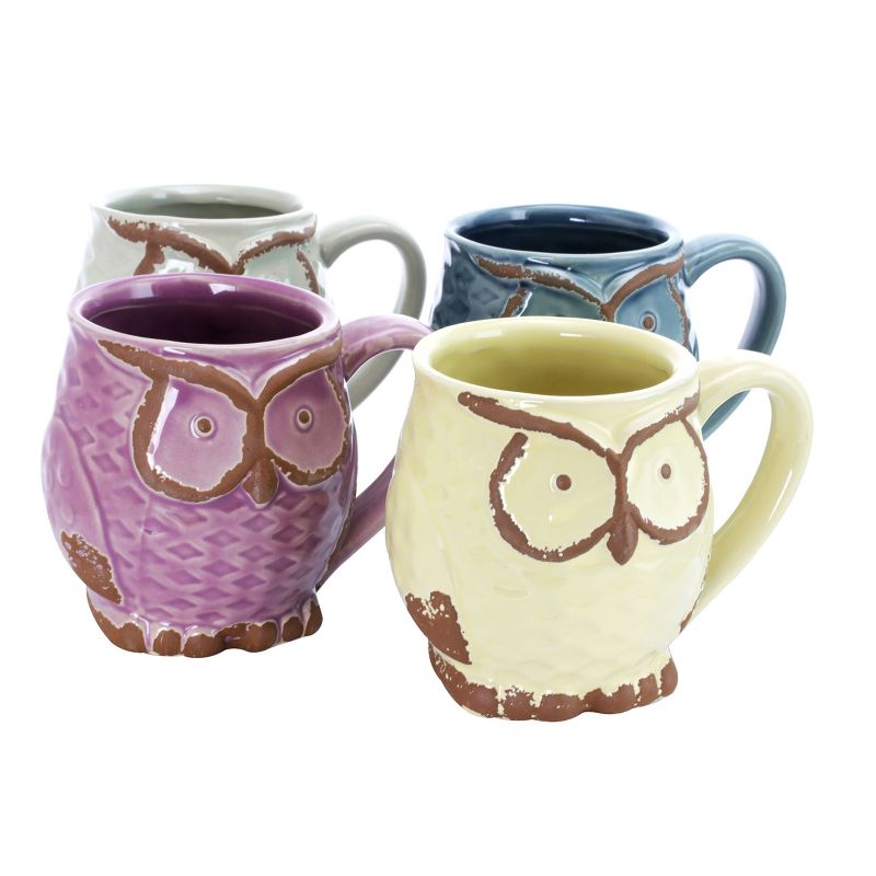 Gibson 4 Piece Nocturnal Gaze 18 Ounce Stoneware Owl Mug Set in Assorted Colors