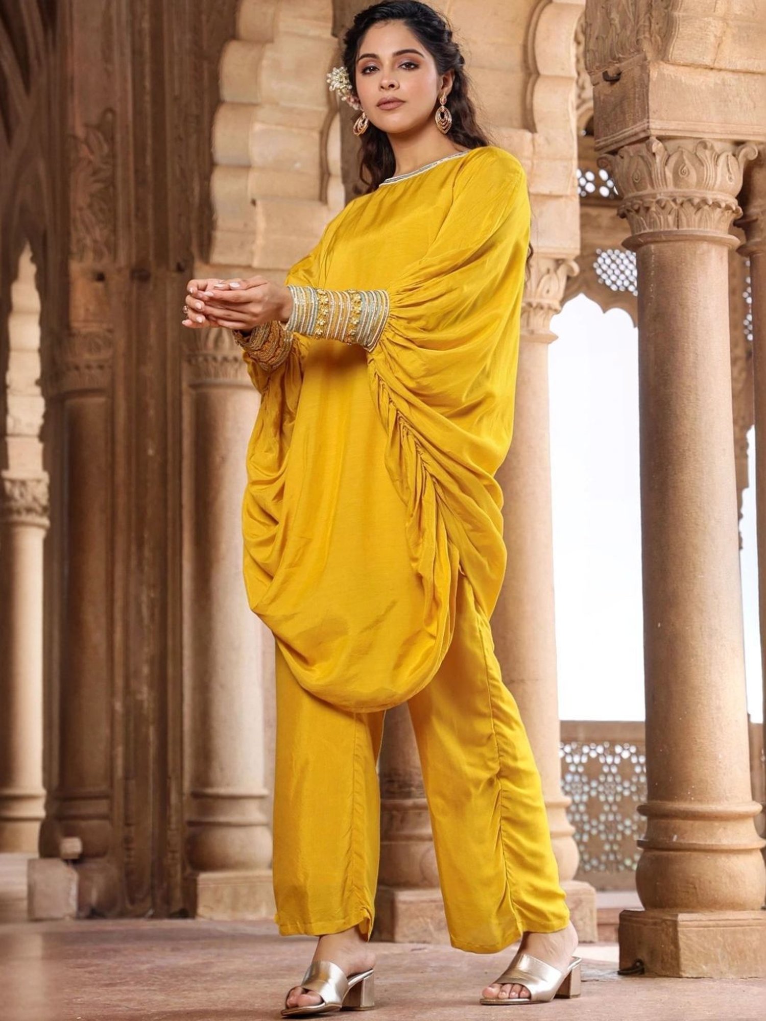 Scakhi Yellow Muslin Silk Poncho Co-Ord Set With Pant And Camisole