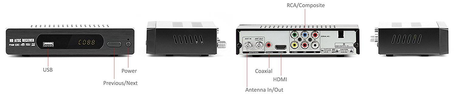 eXuby Digital Converter Box for TV w/ Flat Antenna for Recording and Viewing Full HD Digital Channels Free (Instant or Scheduled Recording, 1080P HDTV, HDMI Output, 7 Day Program Guide and LCD Screen)