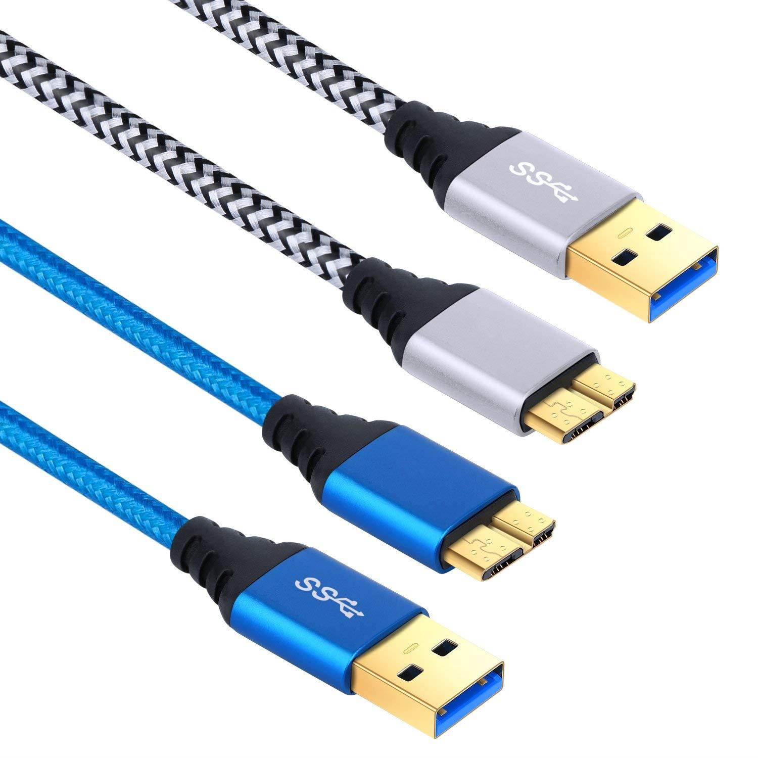 Galaxy S5/Note 3 Charger, Besgoods 2-Pack 6ft Braided USB 3.0 Type A to Micro-B Data Cable for External Hard Drive, Samsung Galaxy S5, Note 3, Tab Pro 12.2, Blue White
