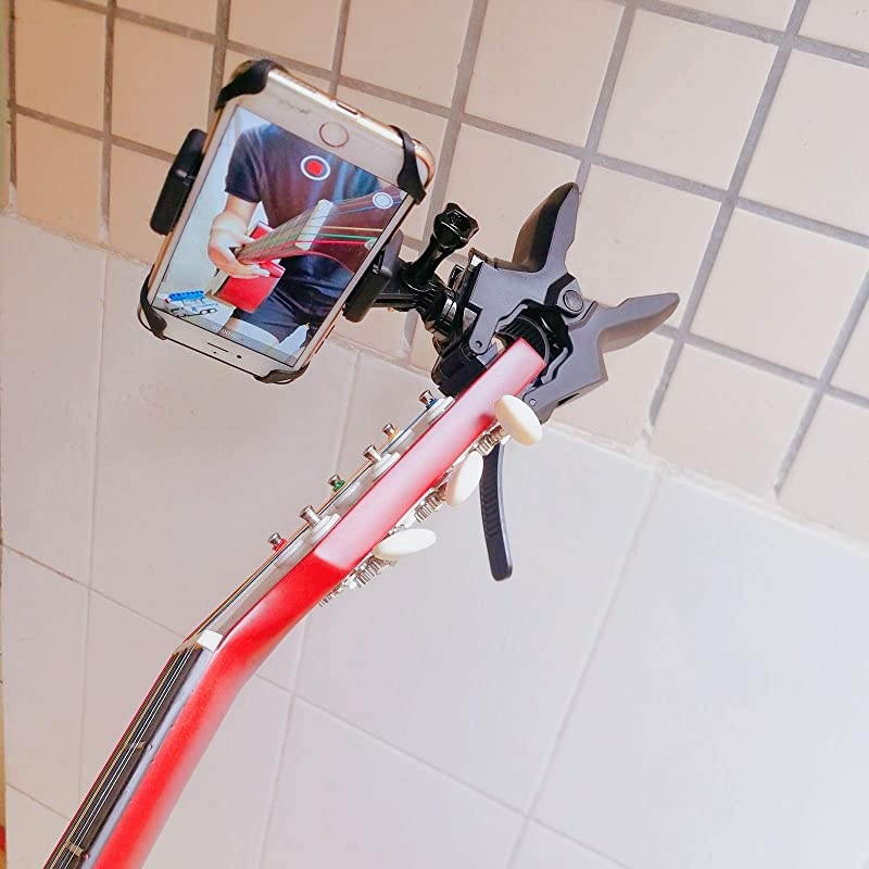 Camera and Cell Phone Music Mount - Ukelele Guitar Headstock Mobile Phone Clamp Clip Mount for Smartphones and Gopro Action Cameras ~ Close Up Home Recording - Work for Any Microphone Stands