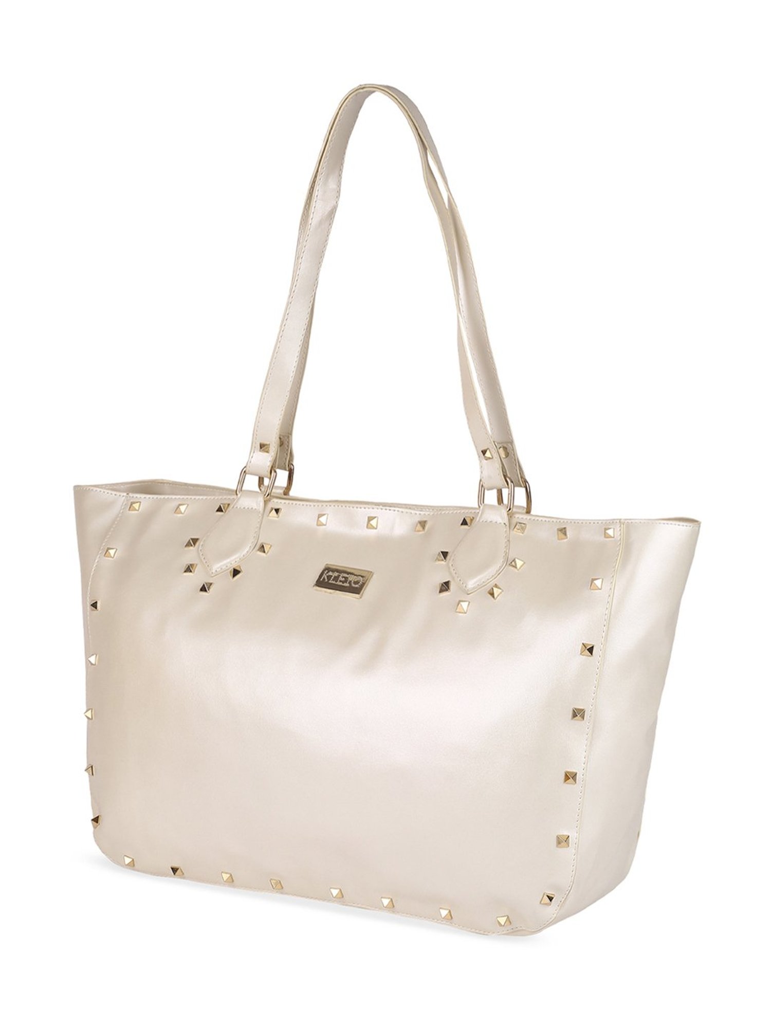 KLEIO Gold White Studded Medium Leather Tote Handbag
