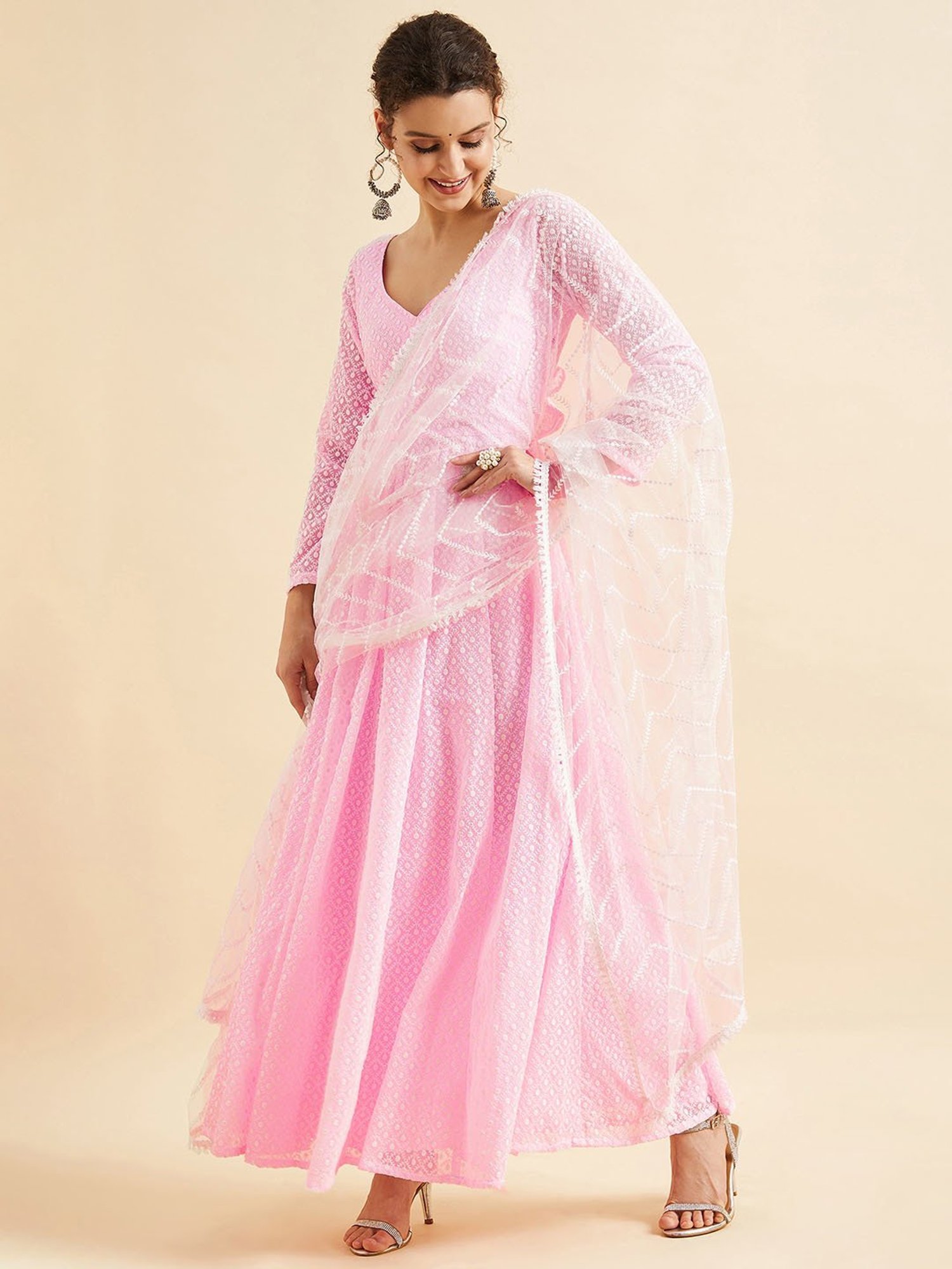 PANIT Pink Embroidered Ethnic Dress With Dupatta