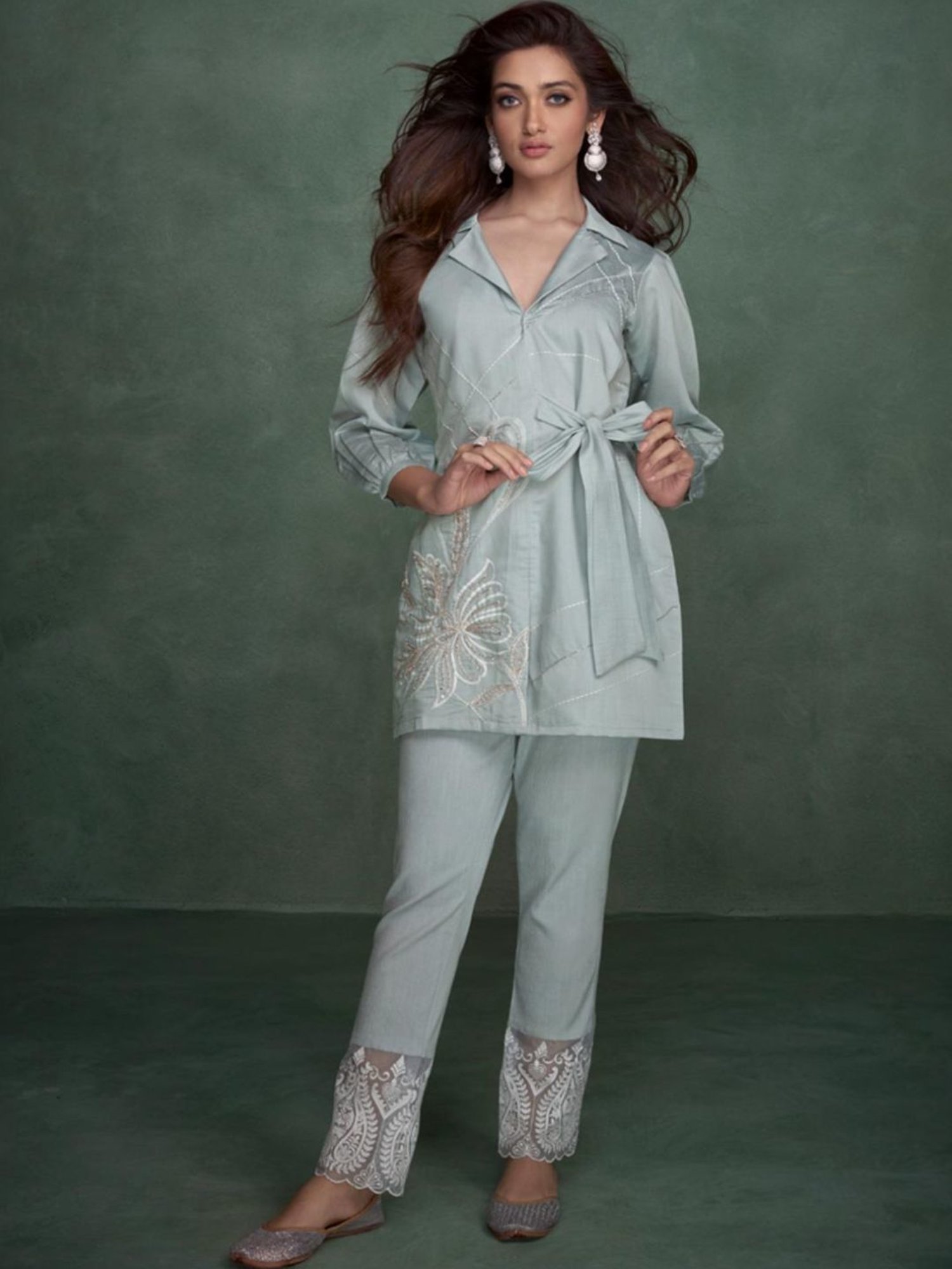 Autumnlane Blue Selena Sober Embroidery Tunic with Pant Co-ord Set