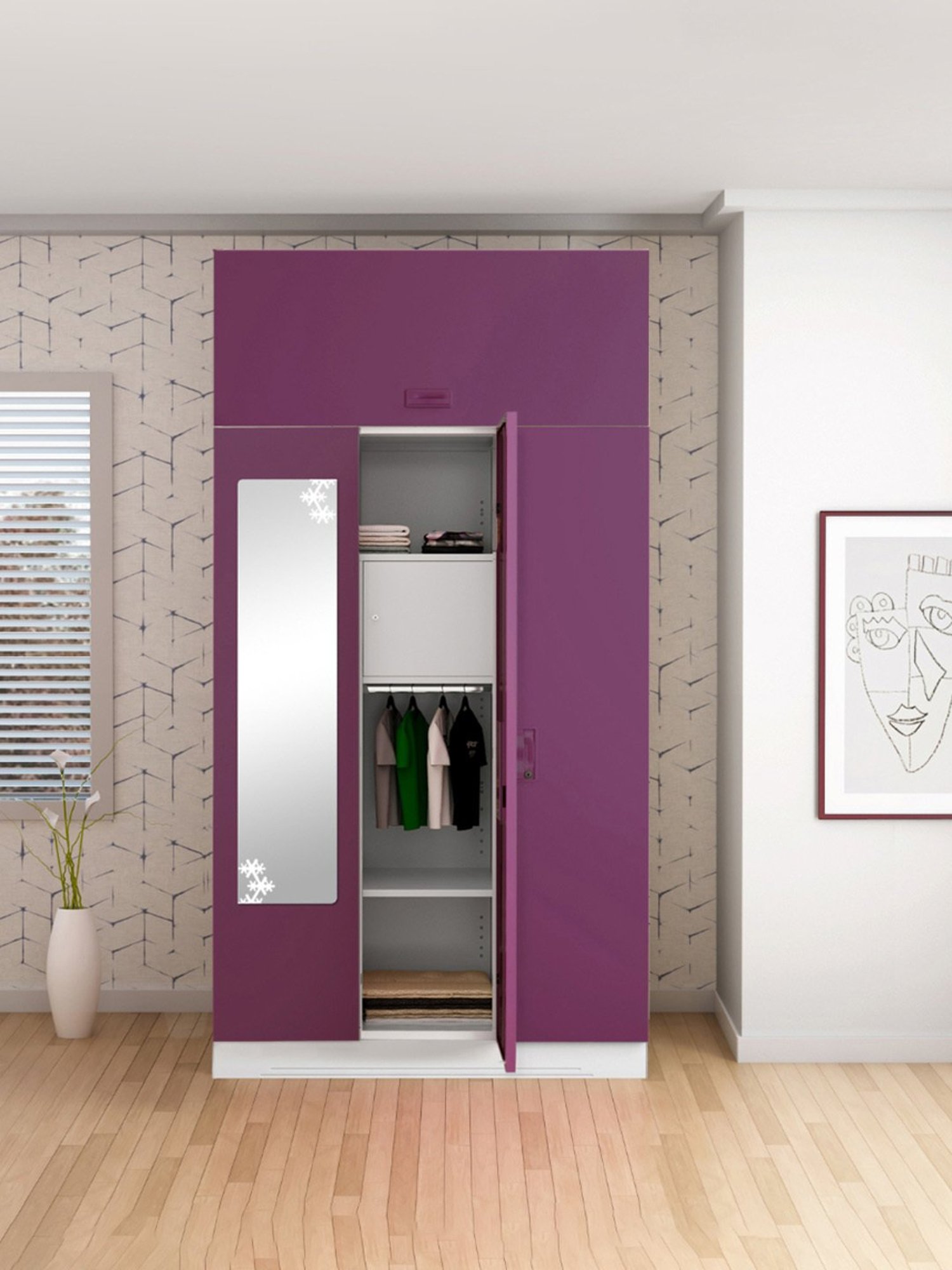 Godrej Interio Slimline 3-Door Steel Almirah, Purple (1-Year Warranty, 1 Locker, 2 Drawers,OHU)