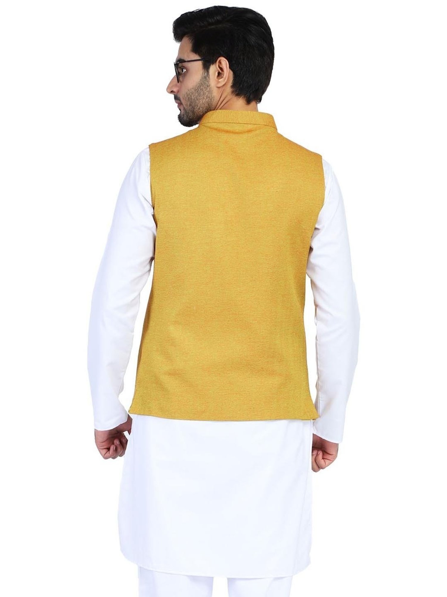 TAHVO Yellow Cotton Slim Fit Nehru Jacket
