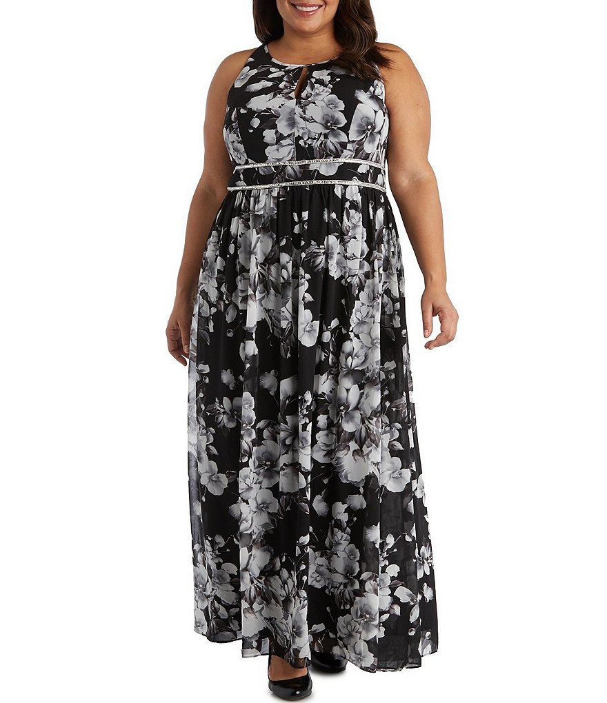 R & M Richards Plus Size Floral Printed Sleeveless Round Keyhole Neck Chiffon Dress