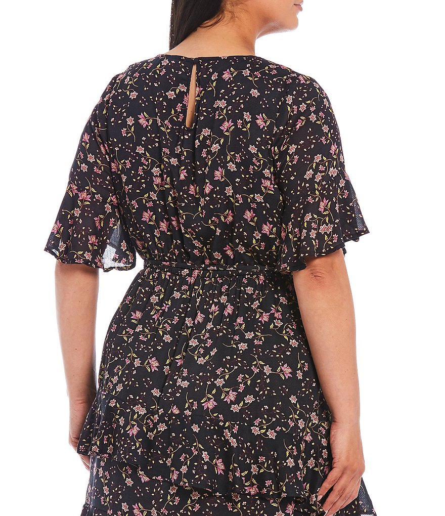 Jessica Simpson Plus Size Prickly Bloom Print Tie Waist Detail Ruffle Trim Dress