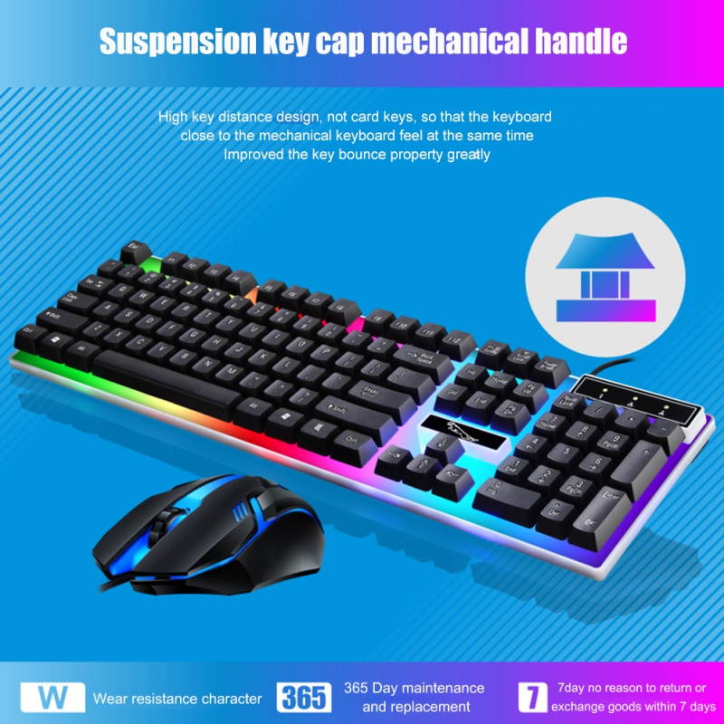 Wired Gaming Keyboard Rainbow Backlit Mechanical Keyboard Mouse Combo, LED 104 Keys USB Ergonomic Wrist Rest Keyboard, Mouse for PC Gamer