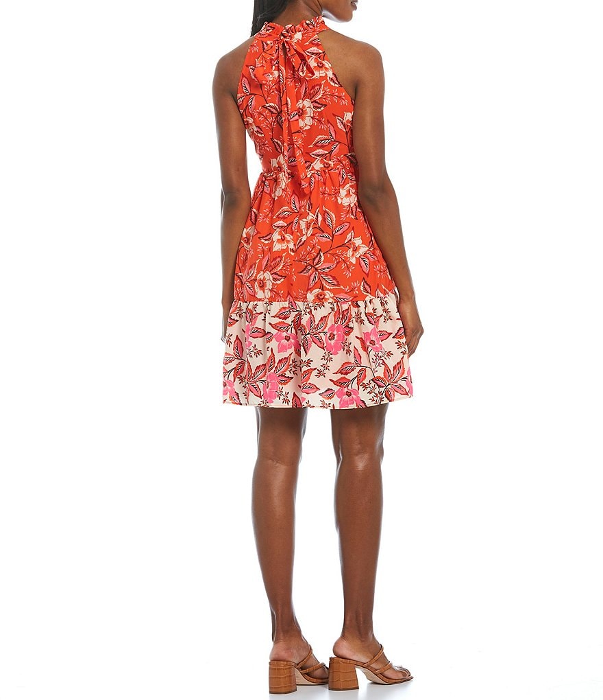 Eliza J Halter Floral Mixed Print Trapeze Dress