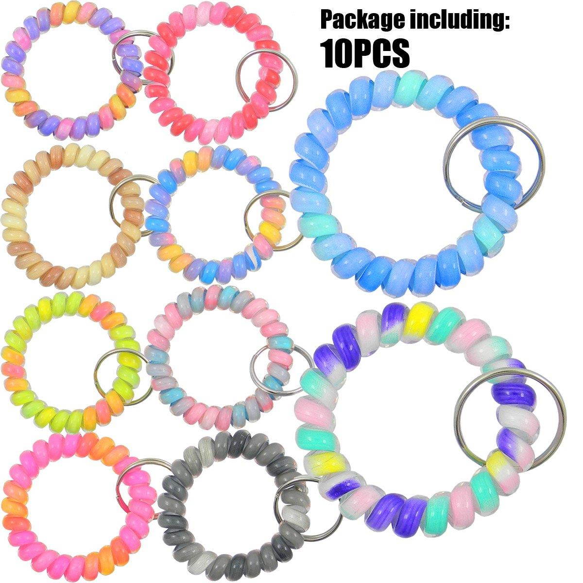 QY 10PCS Colorful Bright Assorted Colors Plastic Spiral Coil Wrist Band Key Ring Chain (Pattern O)