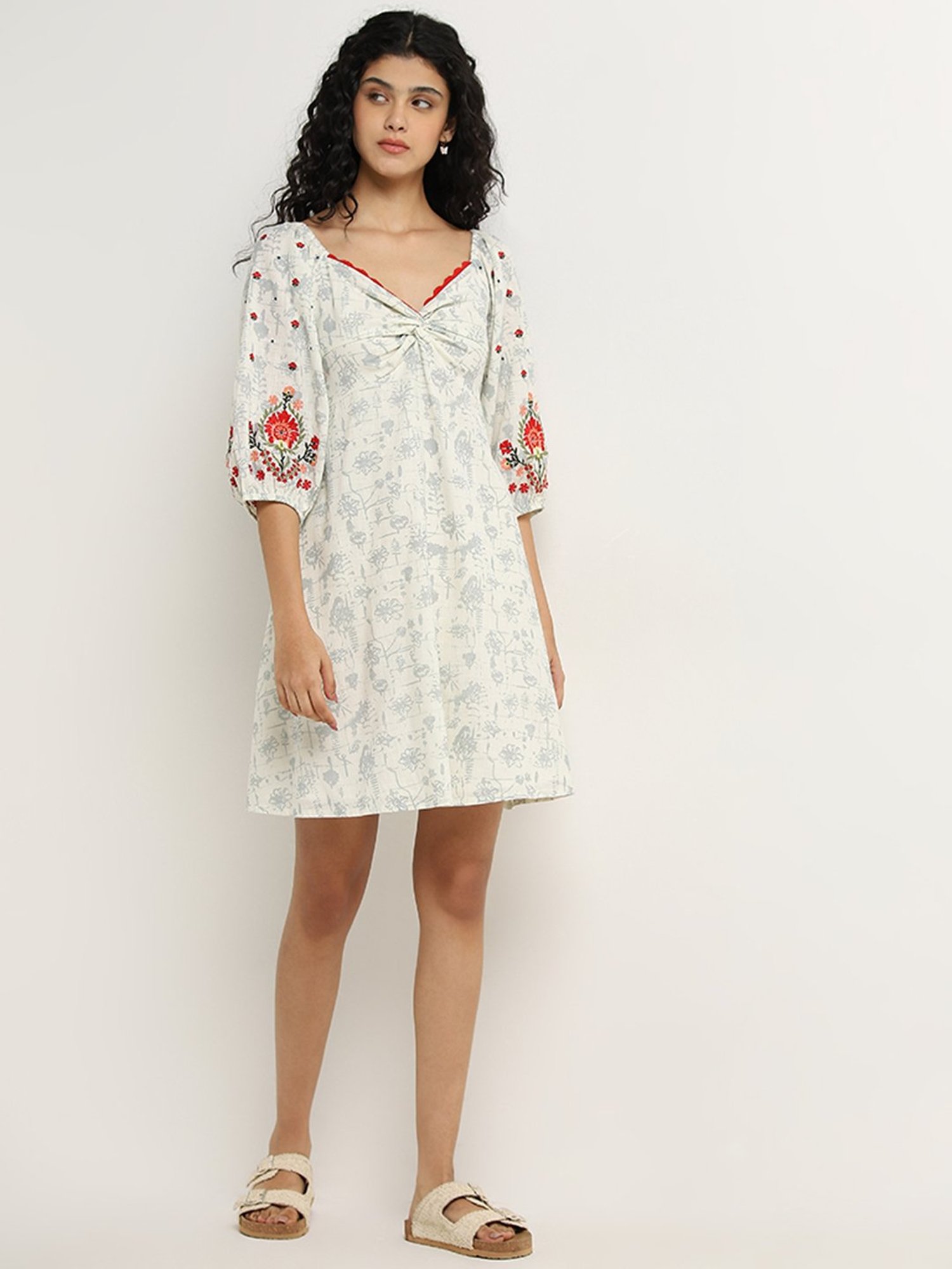 Bombay Paisley by Westside Off-White Embroidered A-Line Cotton Dress