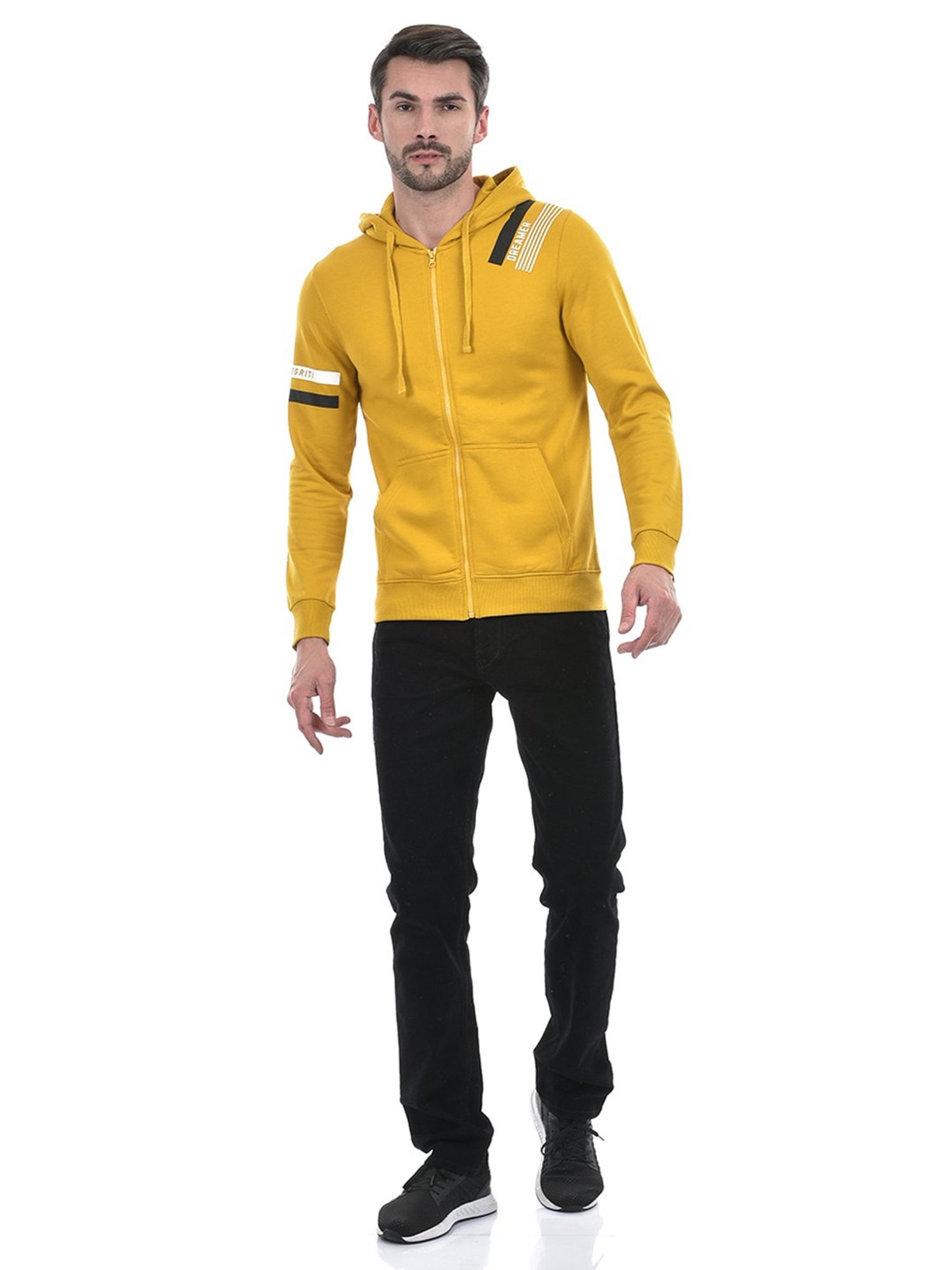 Integriti Mustard Regular Fit Striped Hooded Sweatshirt