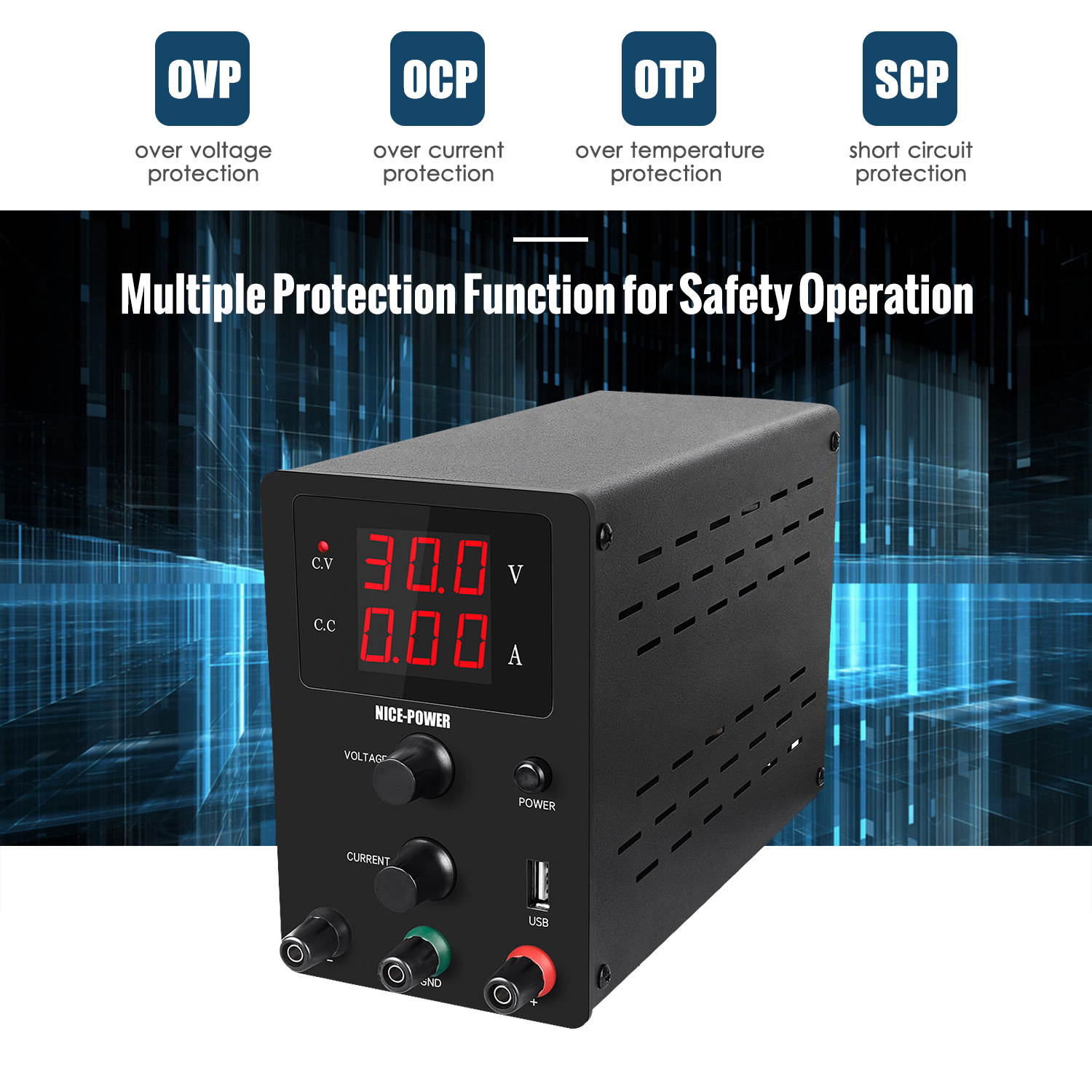220V 0-30V 0-10A DC Power Supply Voltage-stabilized Source Regulated Power Supply Stabilized Voltage Supply CV & CC Dual Output Modes 3-digit High Precision LED Display