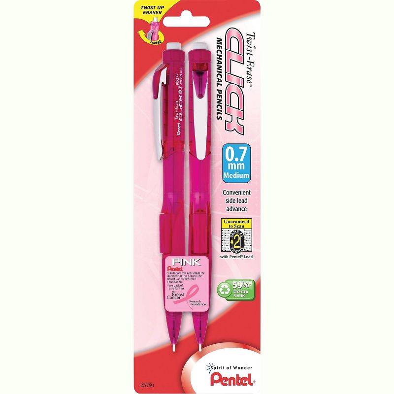 Pentel Pink Ribbon Twist-Erase CLICK Mechanical Pencil 0.7 mm 2/Pack PD277TBP2PBC