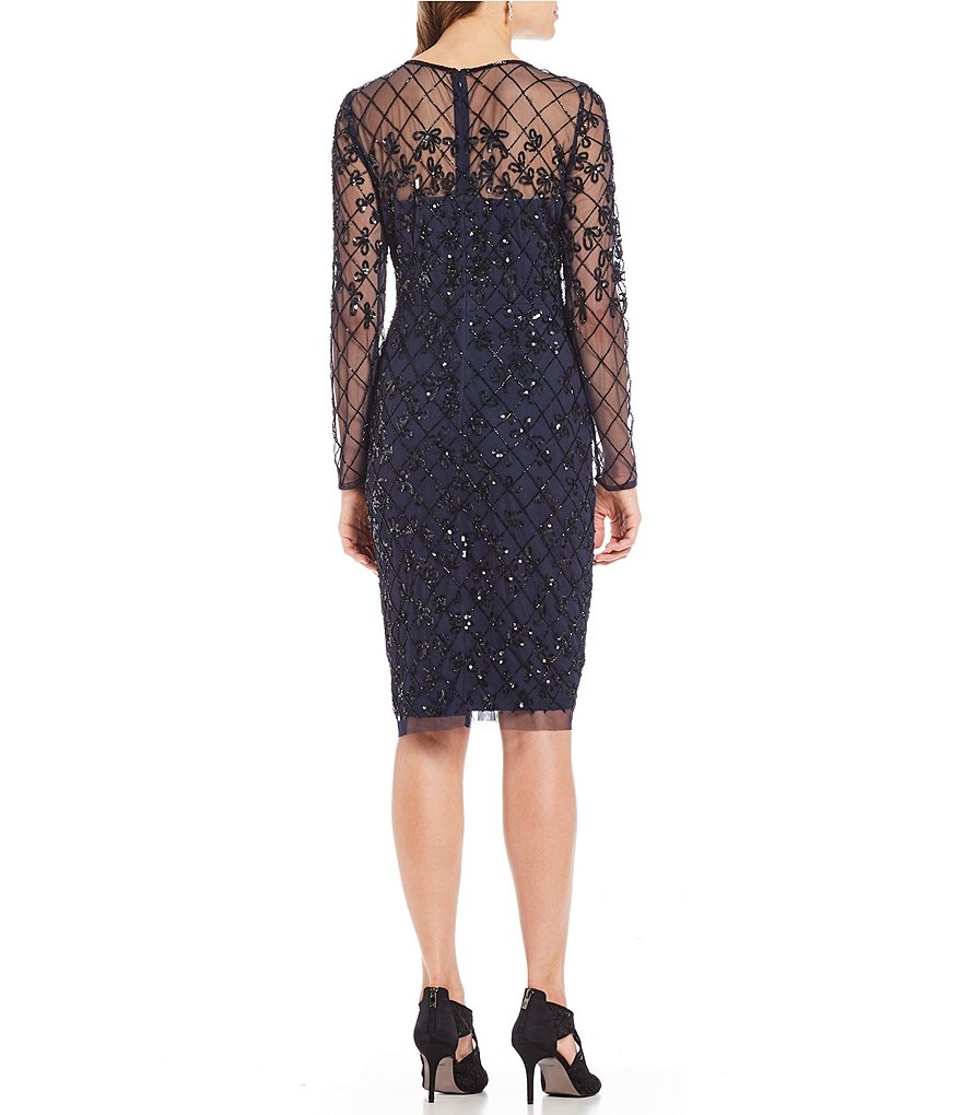 Adrianna Papell Round Neck Long Sleeve Beaded Sheath Dress