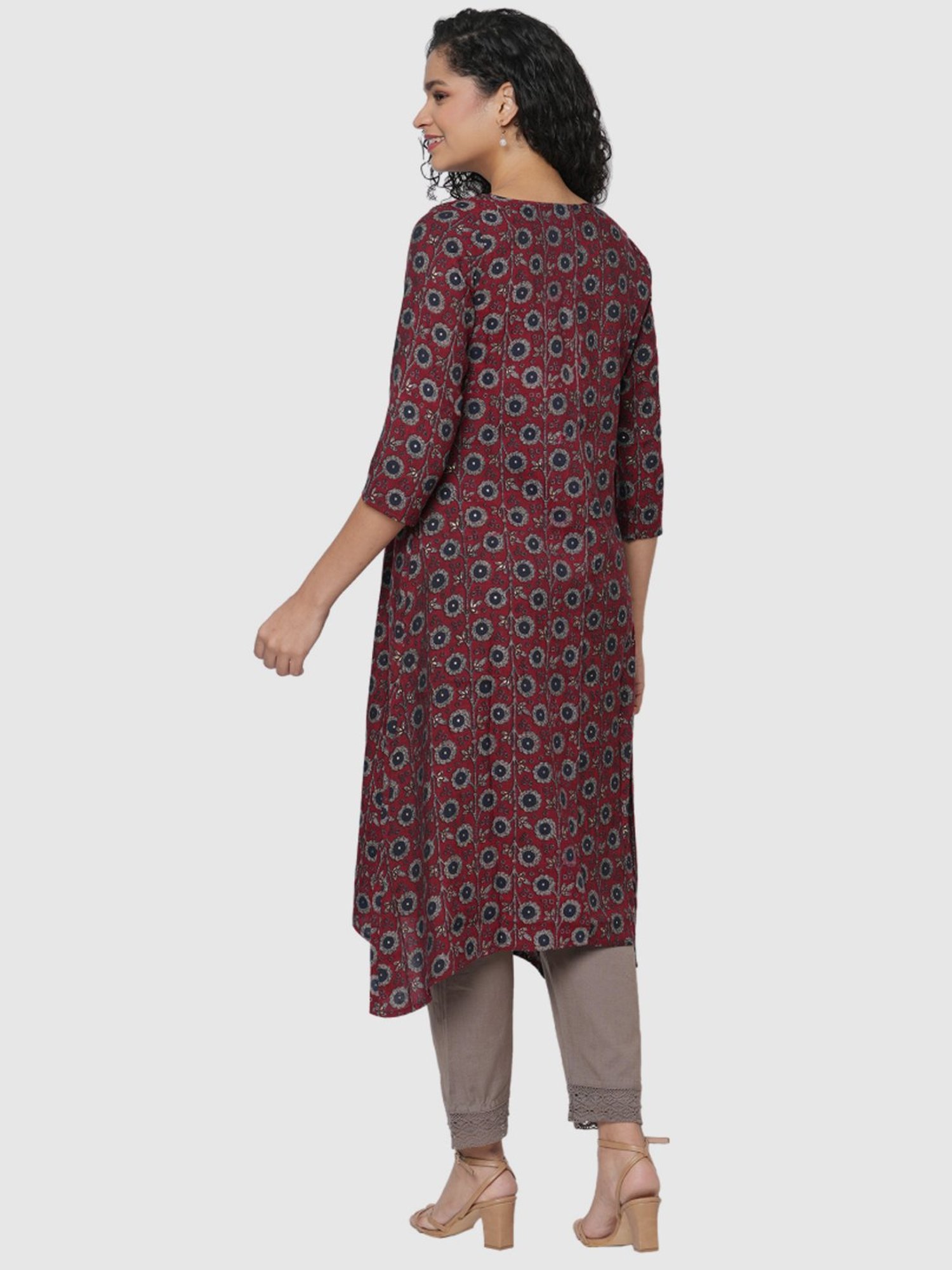 Fusion Beats Maroon Floral Print A Line Kurta