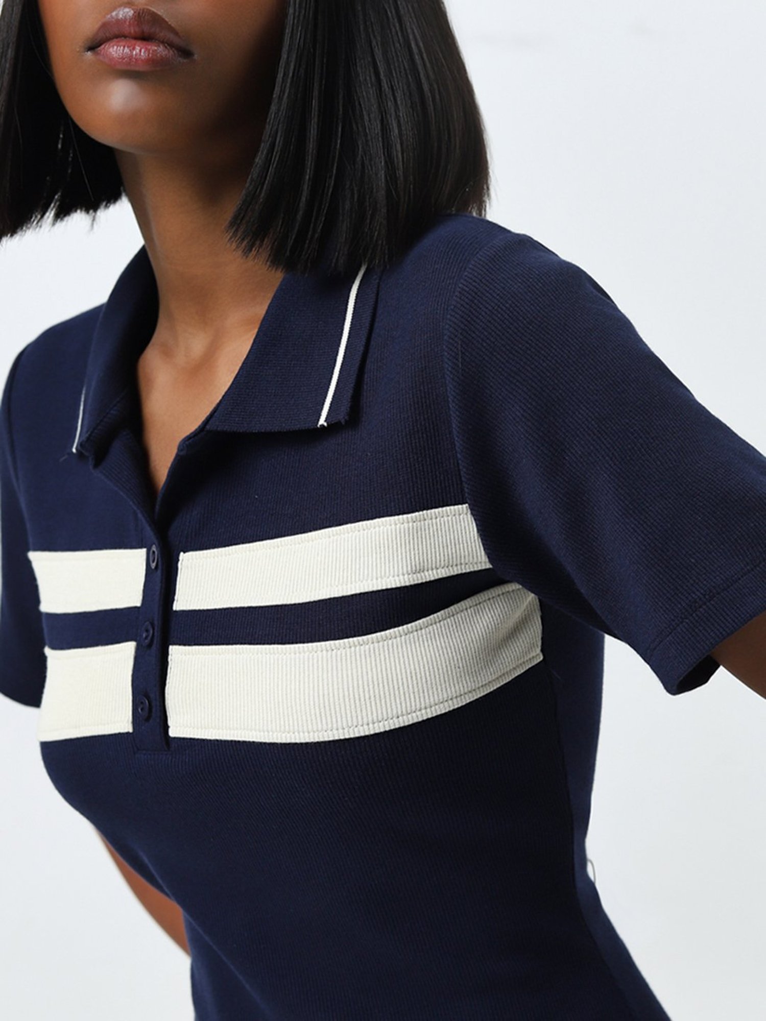 Studiofit by Westside Navy Ribbed Textured A-Line Cotton Blend Dress