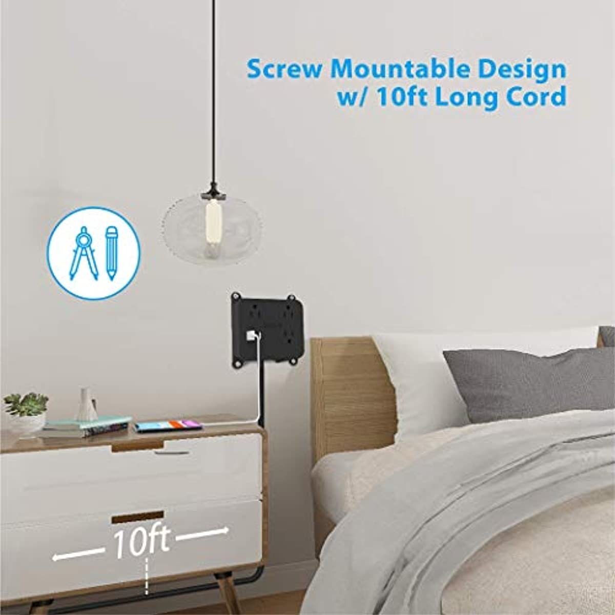 TROND Power Strip with 3 Widely Spaced Outlets and 3 USB Ports, 10 Ft Long Extension Cord , Flat Plug, Wall Mountable, Compact Desktop Charging Station for Dorm Room Home Office, Black