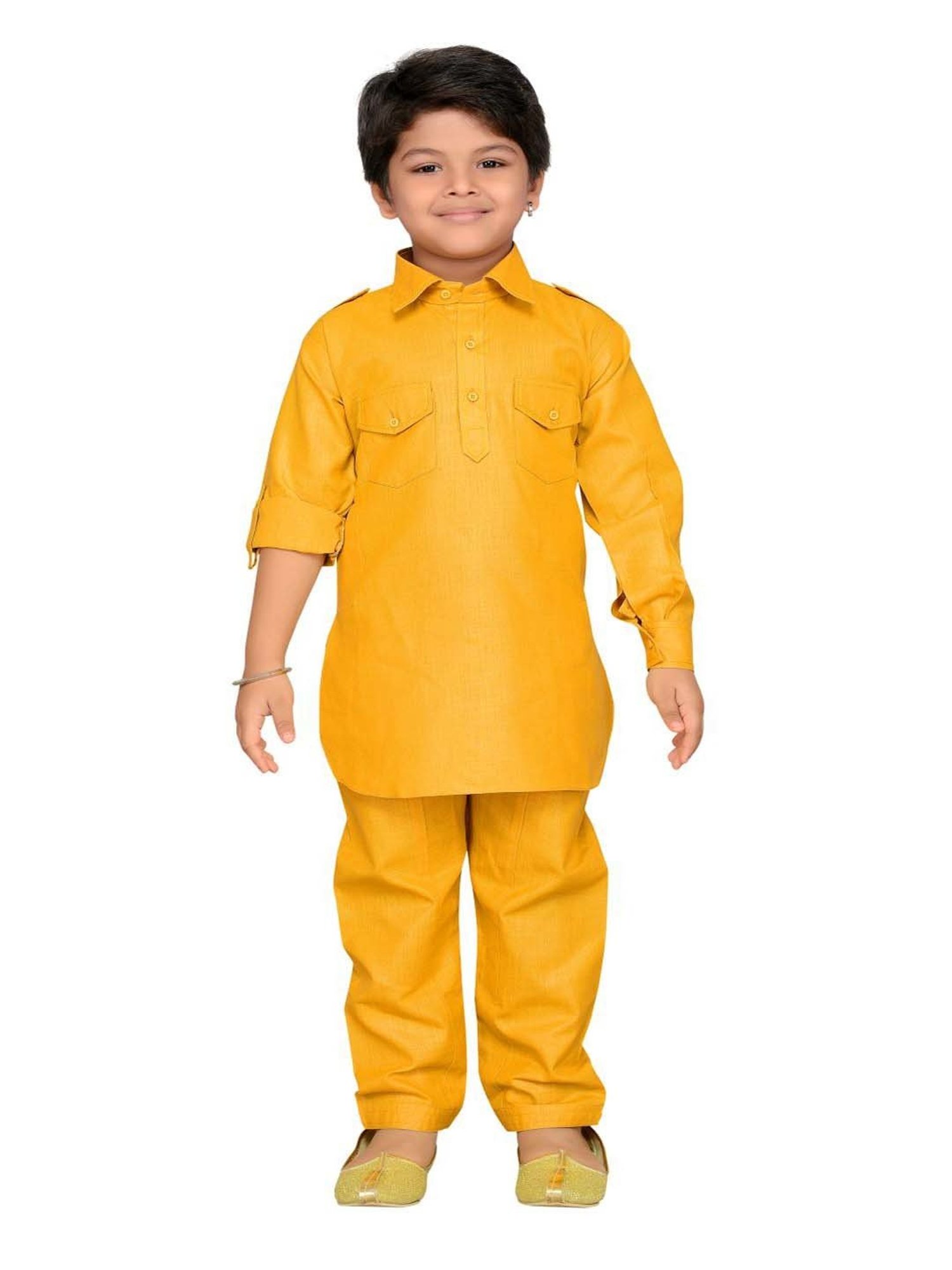 AJ Dezines Kids Yellow Regular Fit Full Sleeves Kurta Set
