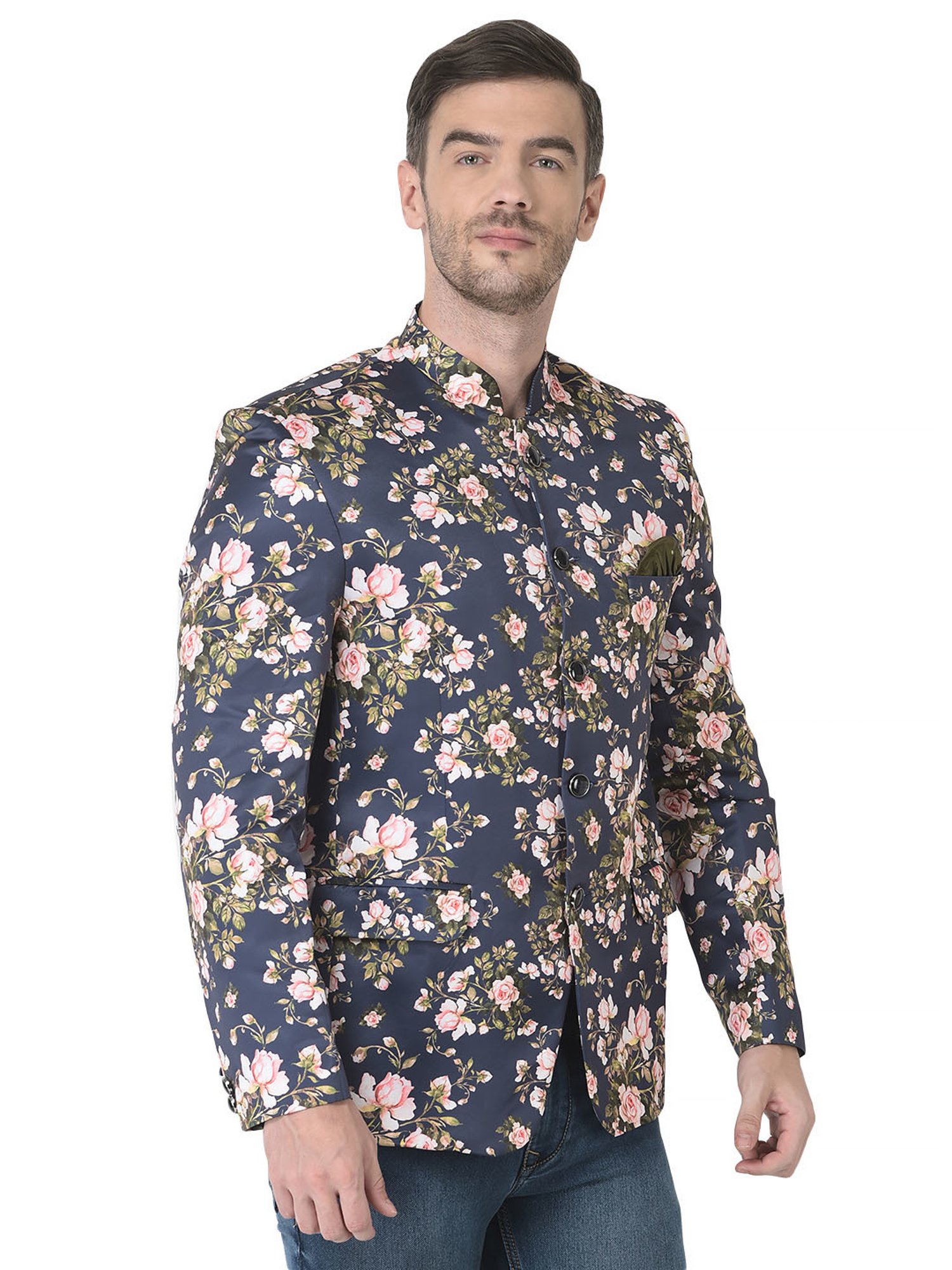 SG RAJASAHAB Navy Regular Fit Floral Print Blazer