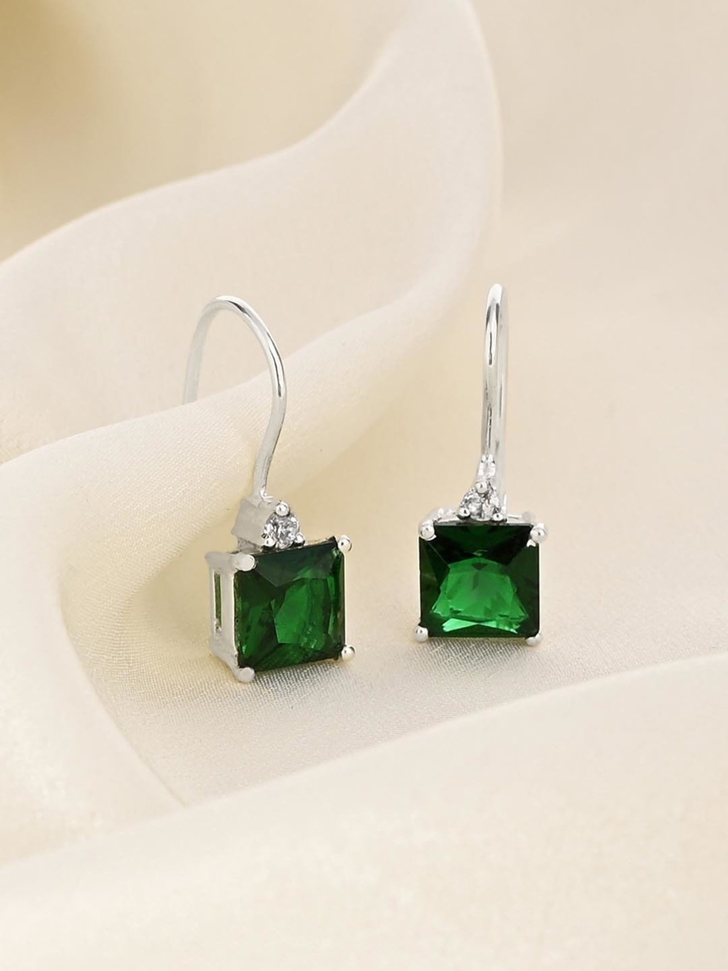 March by FableStreet Silver Green Slide-On Earrings for Women