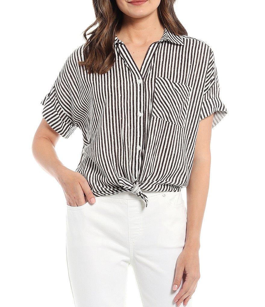 Westbound Petite Size Textured Stripe Drop Shoulder 1 Pocket Shirt