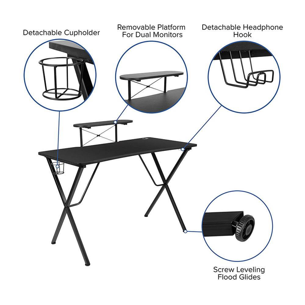 Gaming Desk 47.2" W x 23.6" D Office Computer Table, Black Gamer Workstation with 2 Cable Management Holes