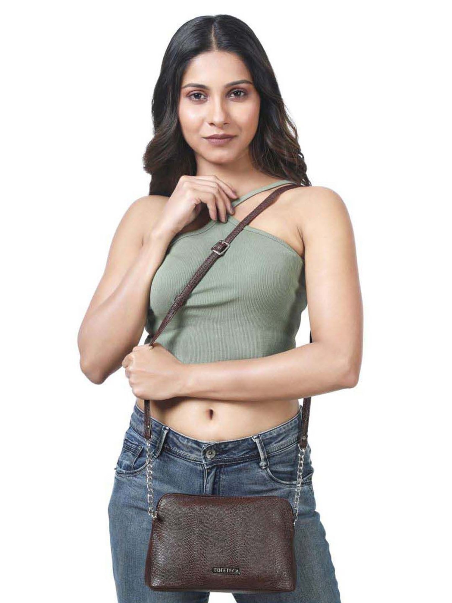 Toteteca Brown Textured Medium Sling Handbag