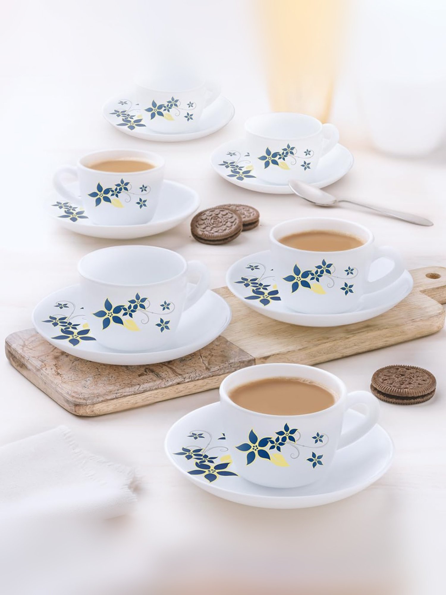 Larah by Borosil Multicolor Ceramic Opalware Cup and Saucer Set of 12 140ml